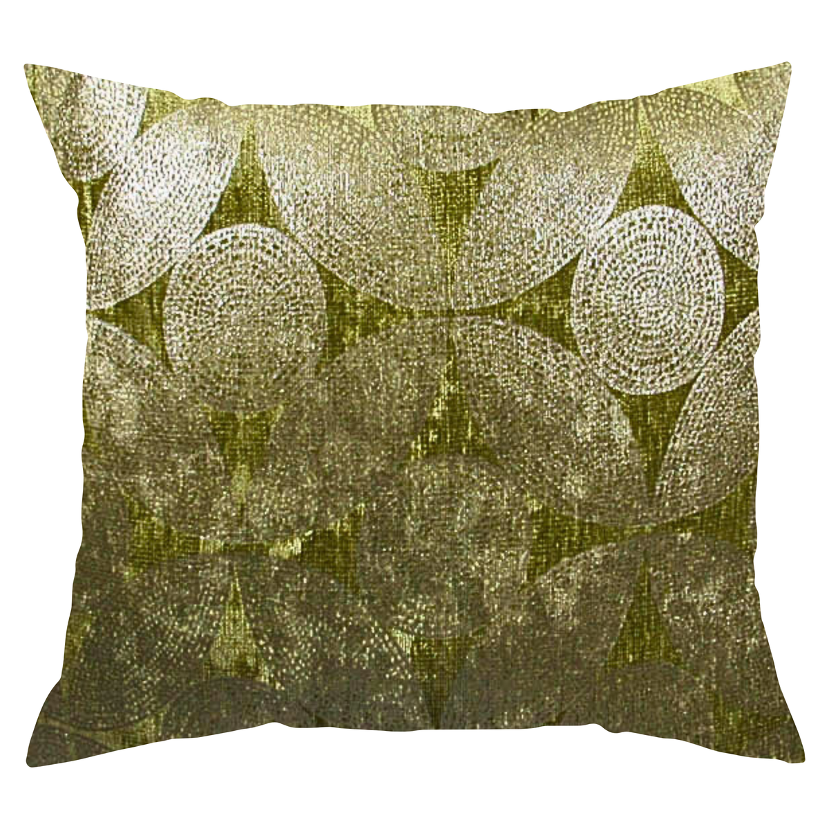 Olive green and silver metallic circles decorative throw pillow cover, hero product shot.