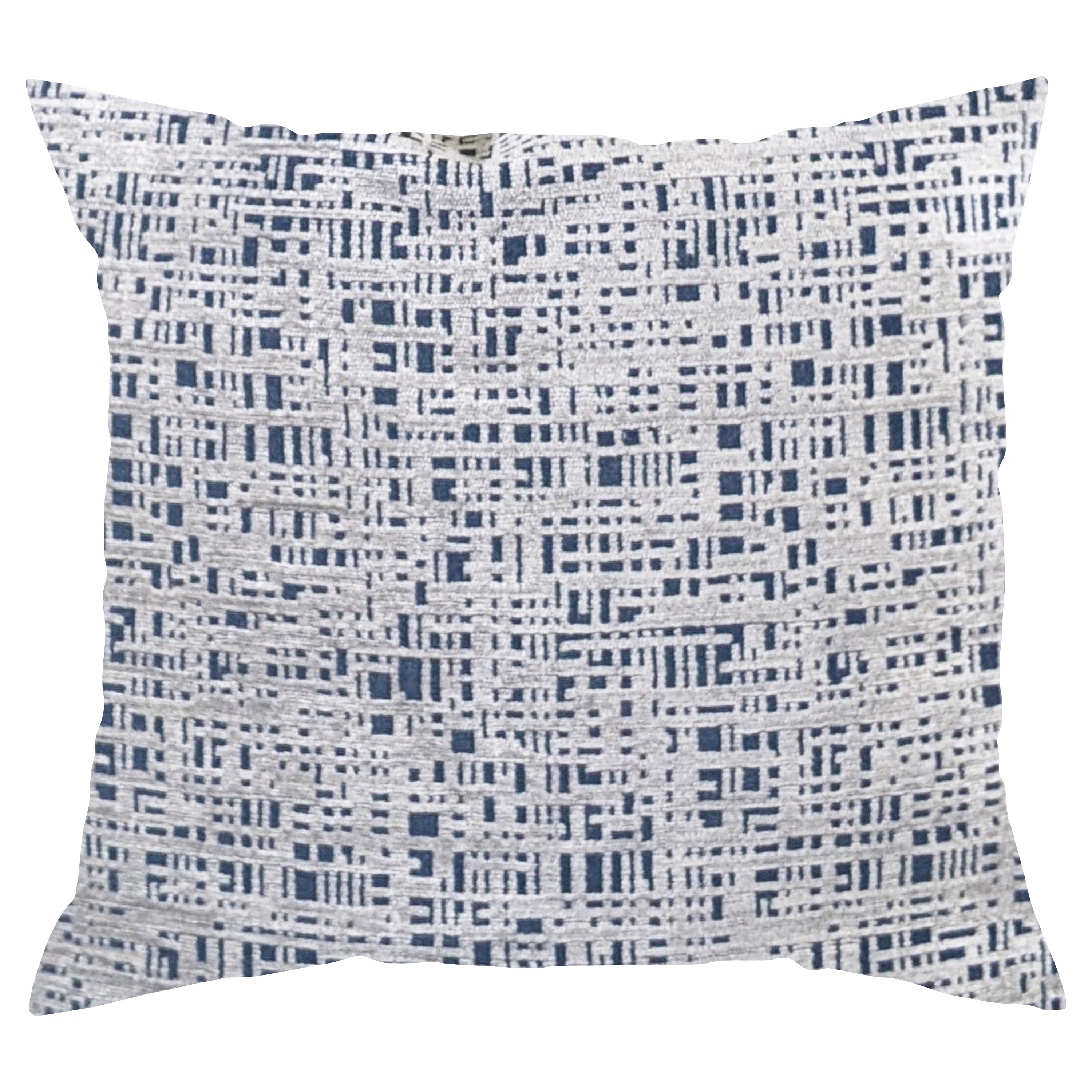Decorative pillow with blue and white geometric pattern on a white background