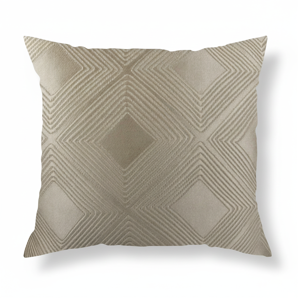 A cream-colored throw pillow with a geometric diamond pattern