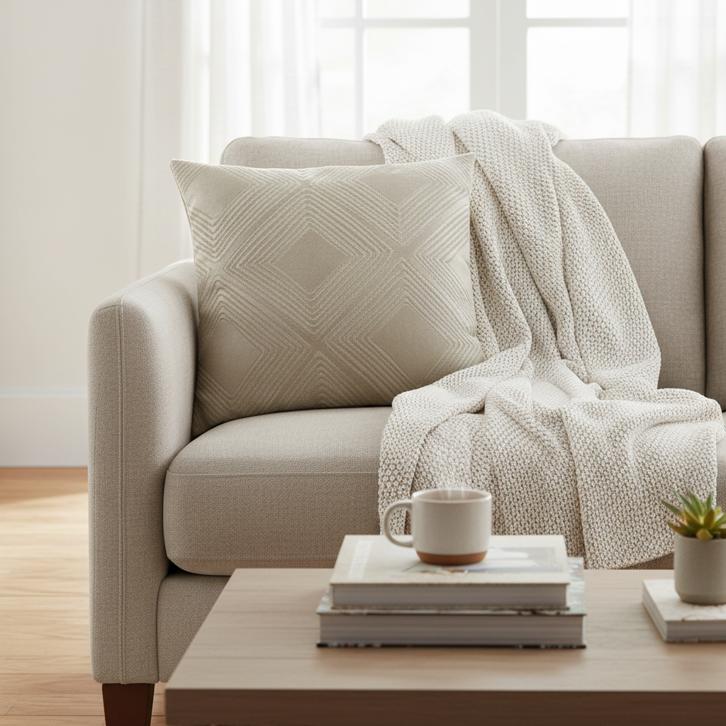 Beige sofa with a textured pillow and blanket in a bright living room.