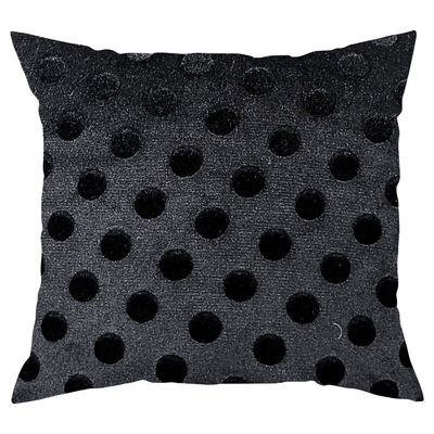 A square-shaped throw pillow with a matte black background featuring raised polka dots in a contemporary design.