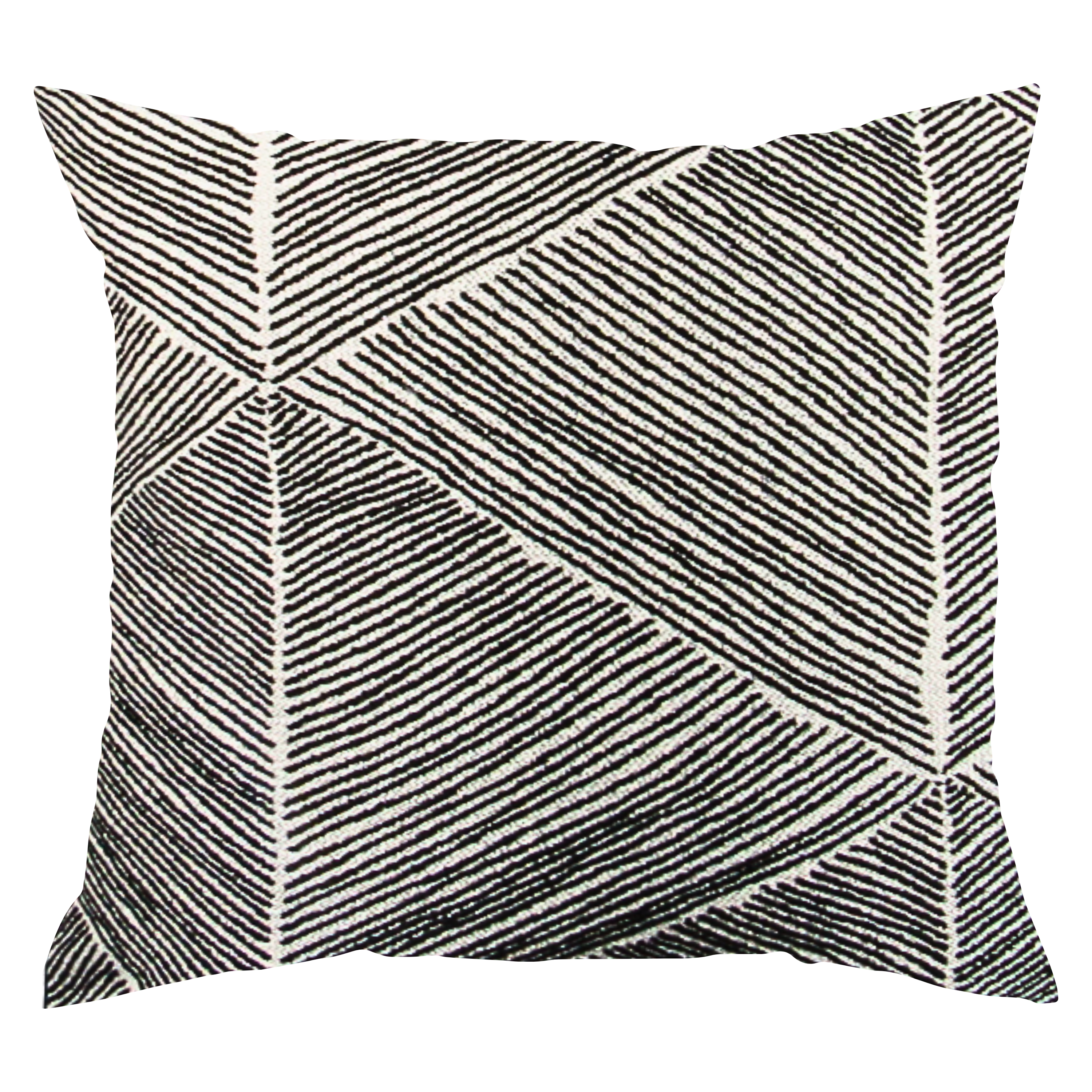 A square throw pillow with a geometric pattern, featuring black angled lines on a white background, creating a triangular design.