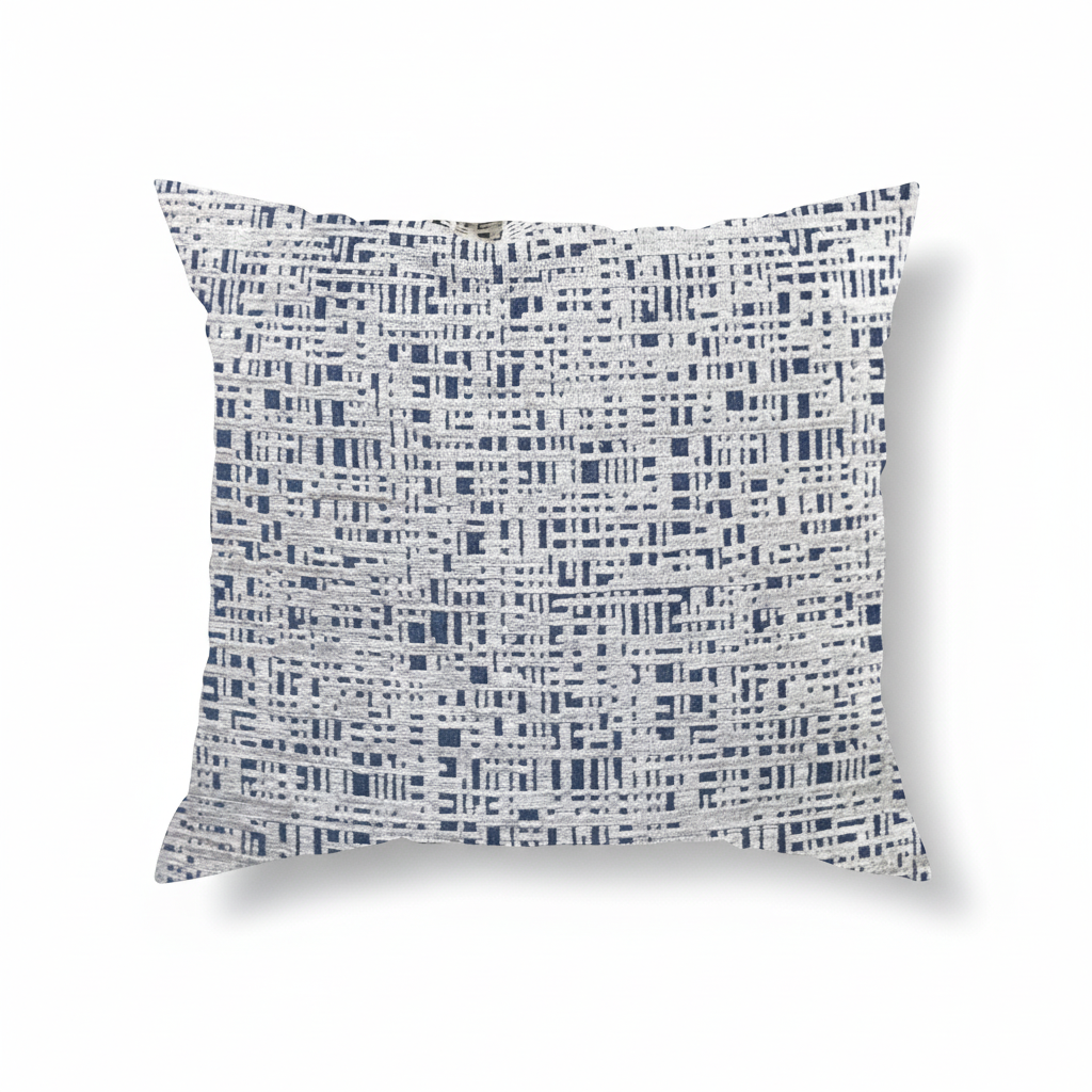 A square-shaped throw pillow with a geometric pattern featuring Aegean blue and gray colors.