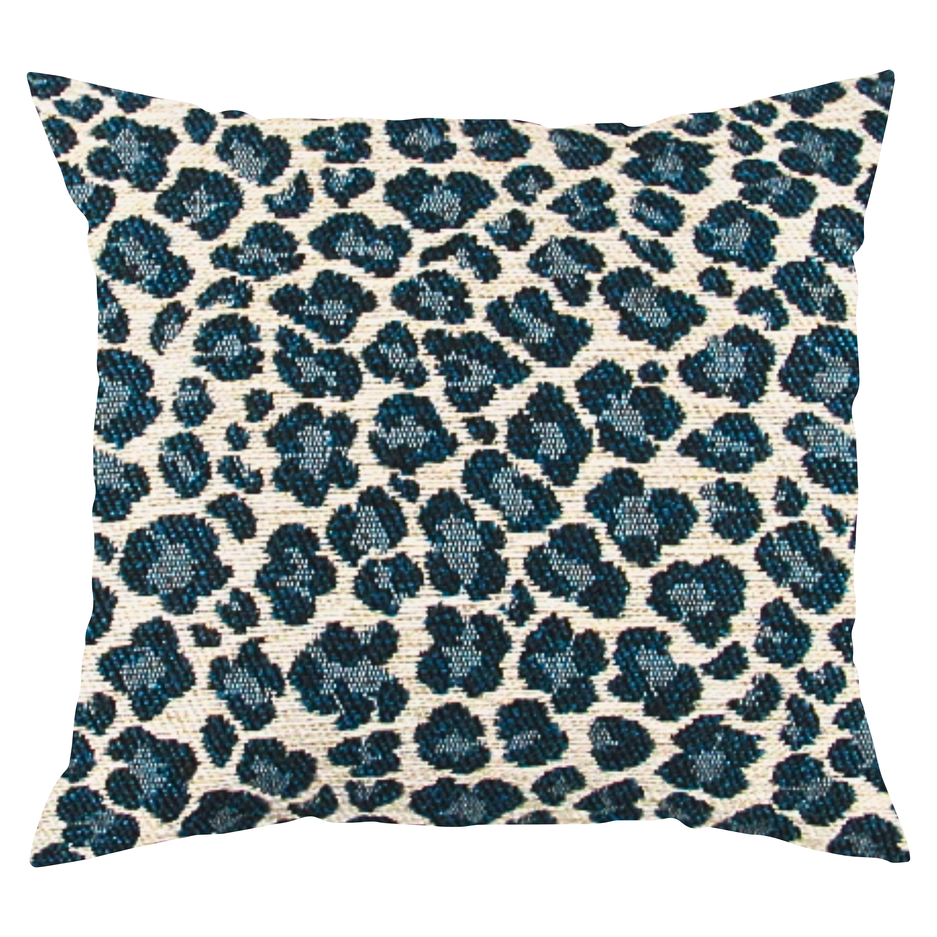 A square-shaped throw pillow with a cream color background featuring a bold teal animal print pattern.