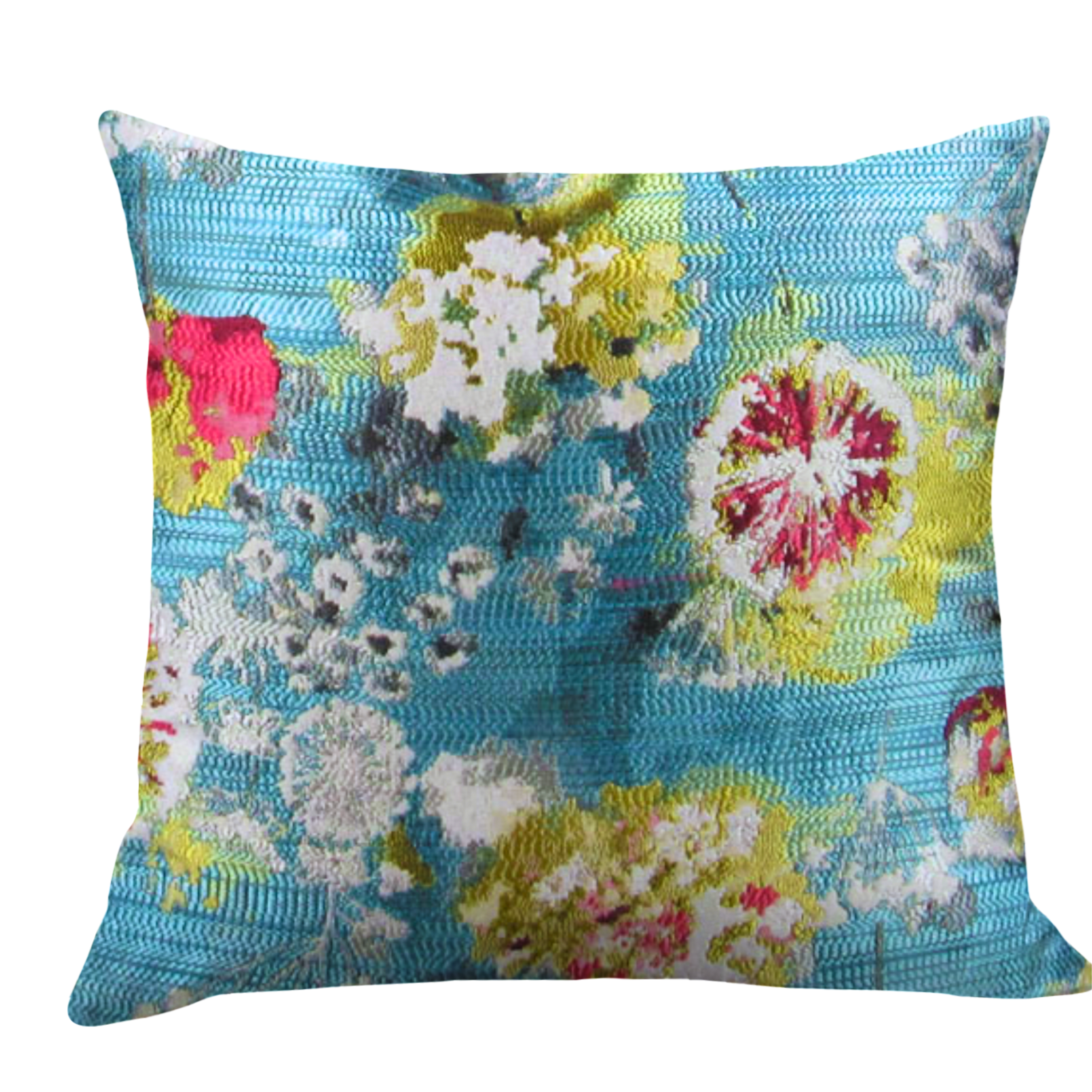 A decorative pillow with a large floral pattern featuring colors light blue, fuchsia, and yellow, and a dandelion motif.