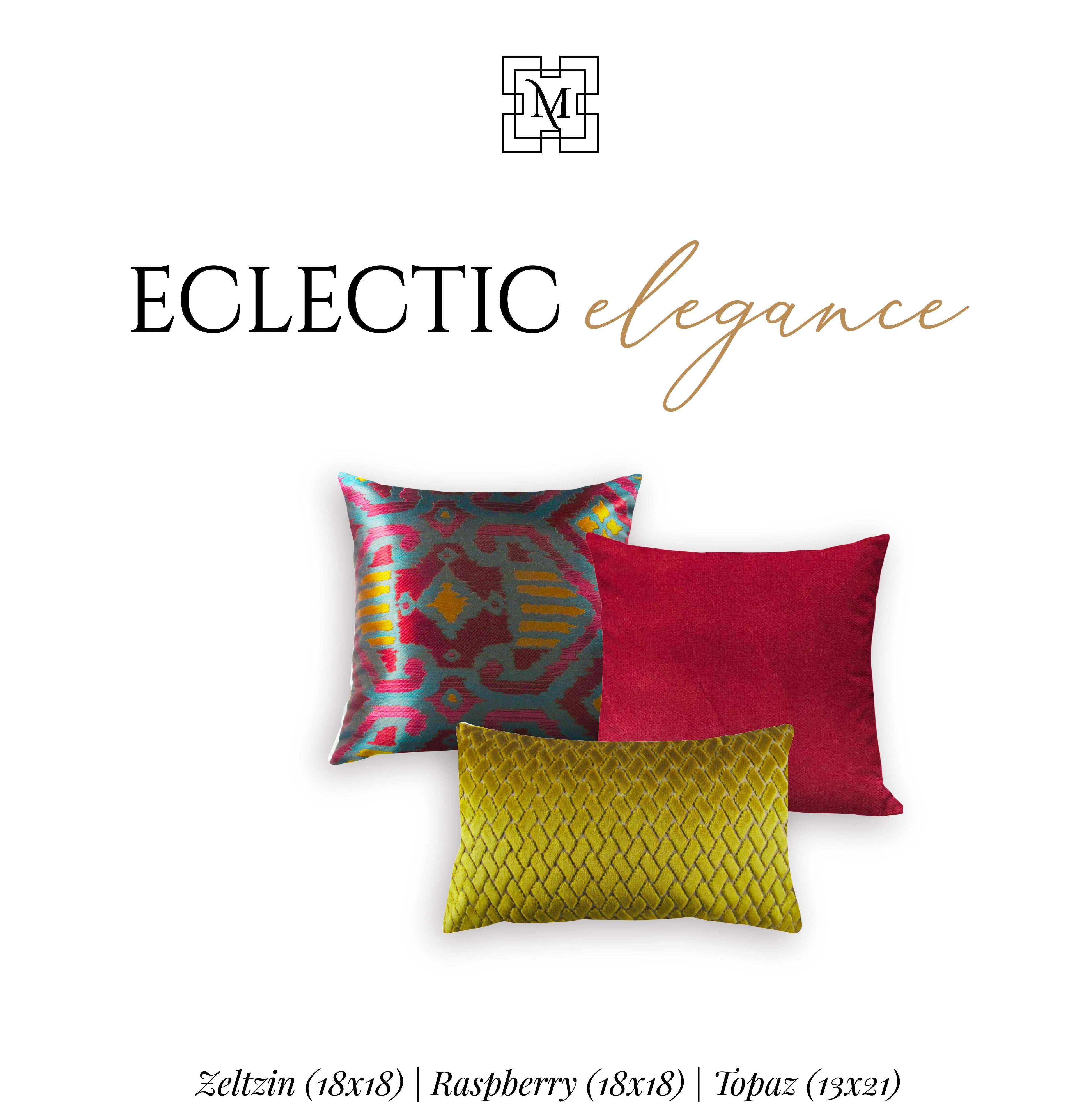 Three decorative pillow covers in multicolored patterns and solid red and yellow colors, arranged diagonally.