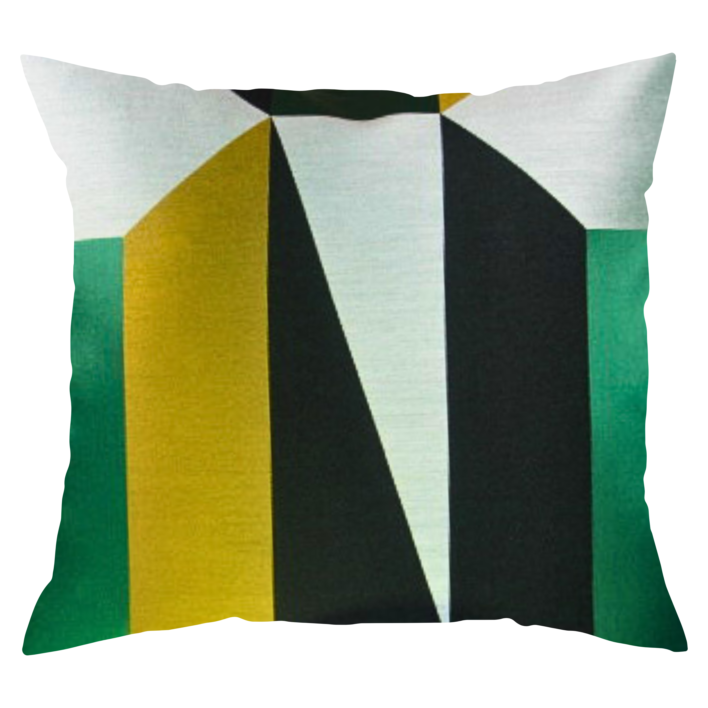 A square-shaped throw pillow with an abstract design featuring geometric shapes in green, tan, black, and silver colors.