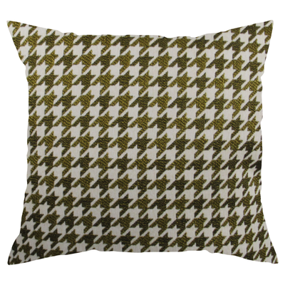 A square-shaped throw pillow with a houndstooth pattern in beige and green colors.