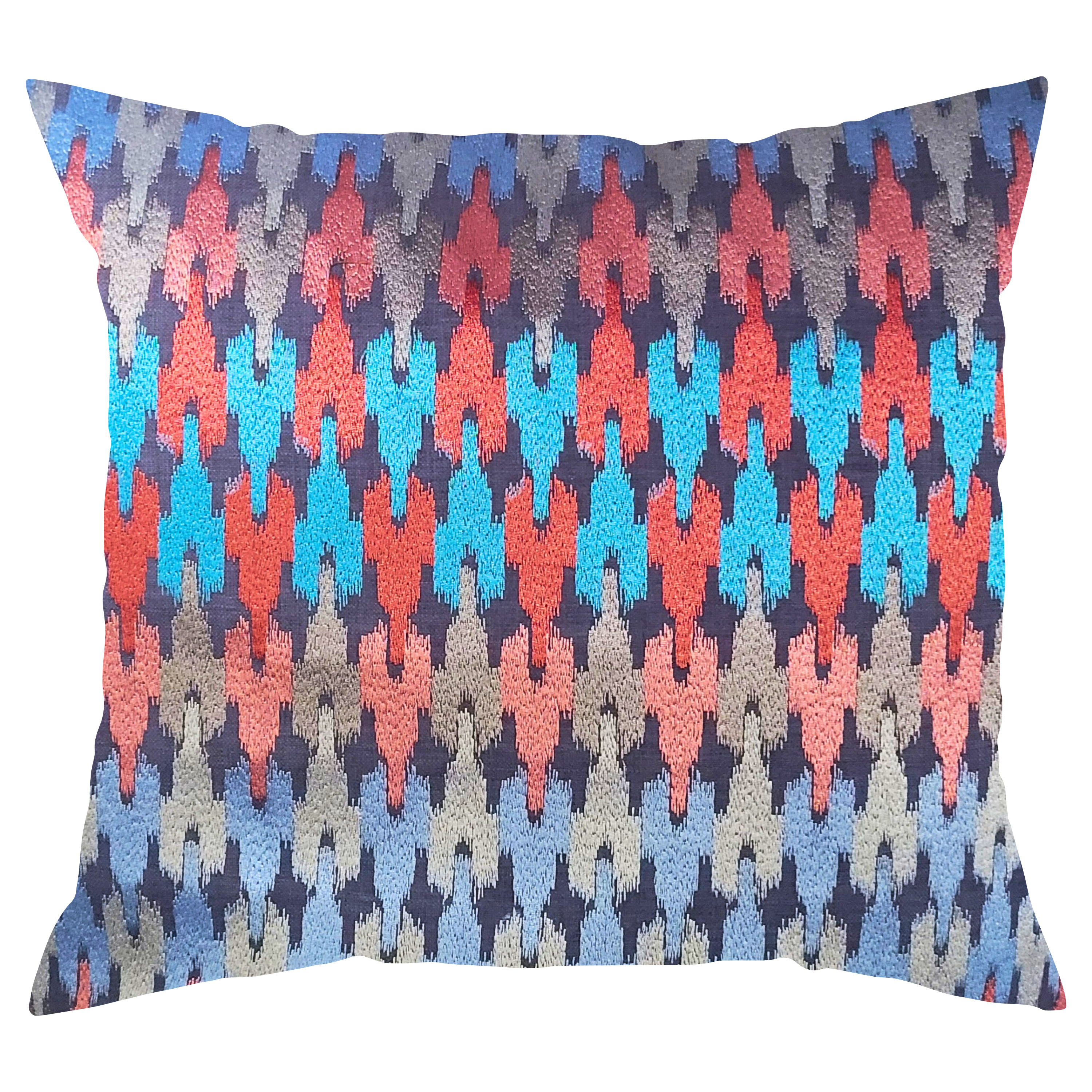A square-shaped throw pillow with a geometric pattern in blue, red, pink, and silver colors, featuring a slightly shiny fabric.