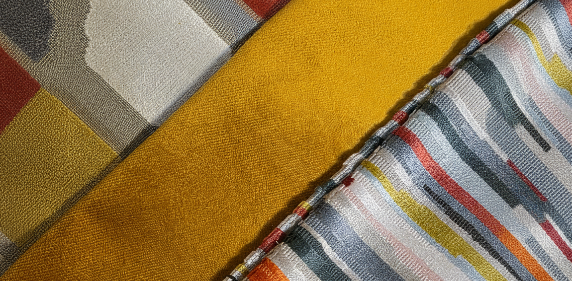 Close-up of fabric with geometric pattern transitioning from yellow to multicolor.