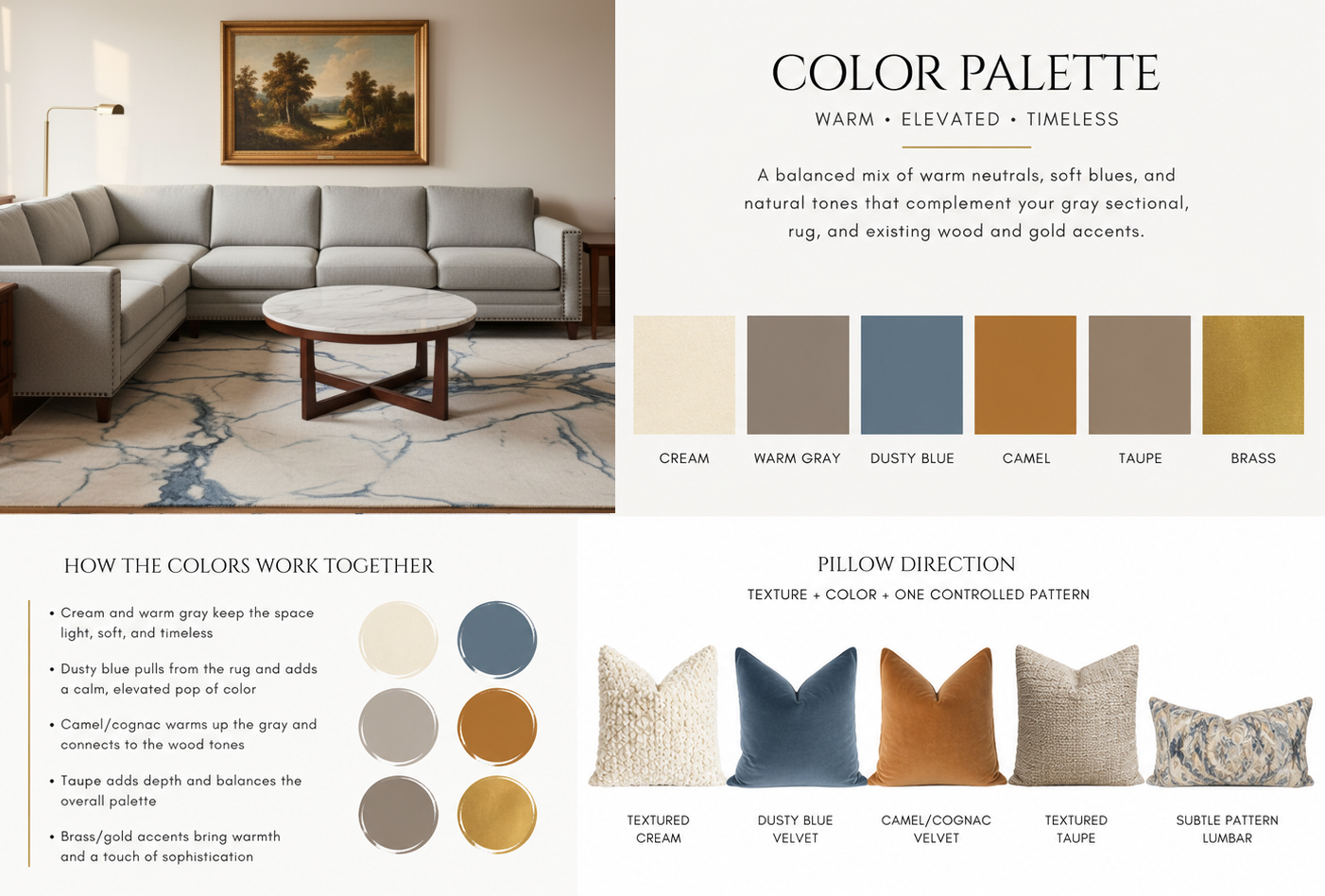 Living room with color palette and pillow direction guide