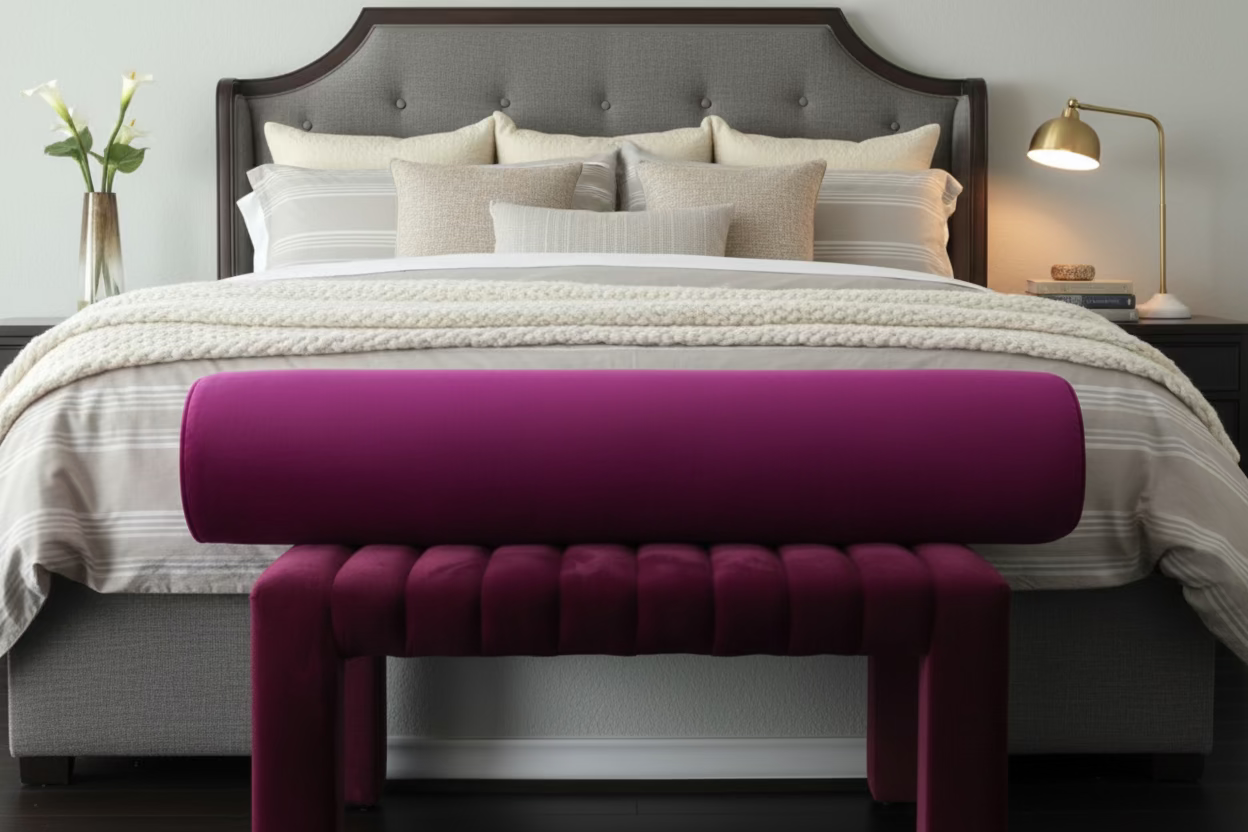 Burgundy bench against a white wall with a bolster pillow on a dark wooden floor.