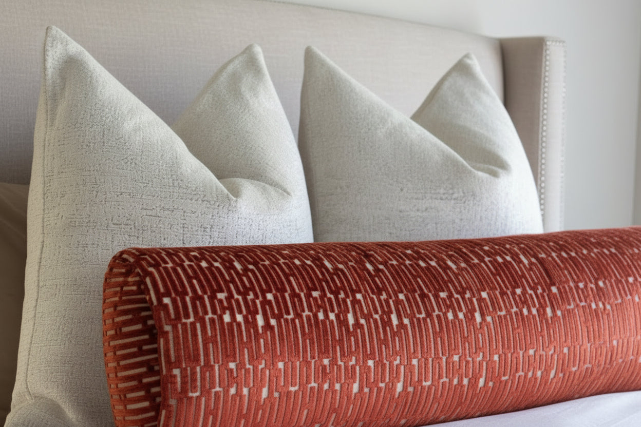 Decorative pillows on a bed off white headboard