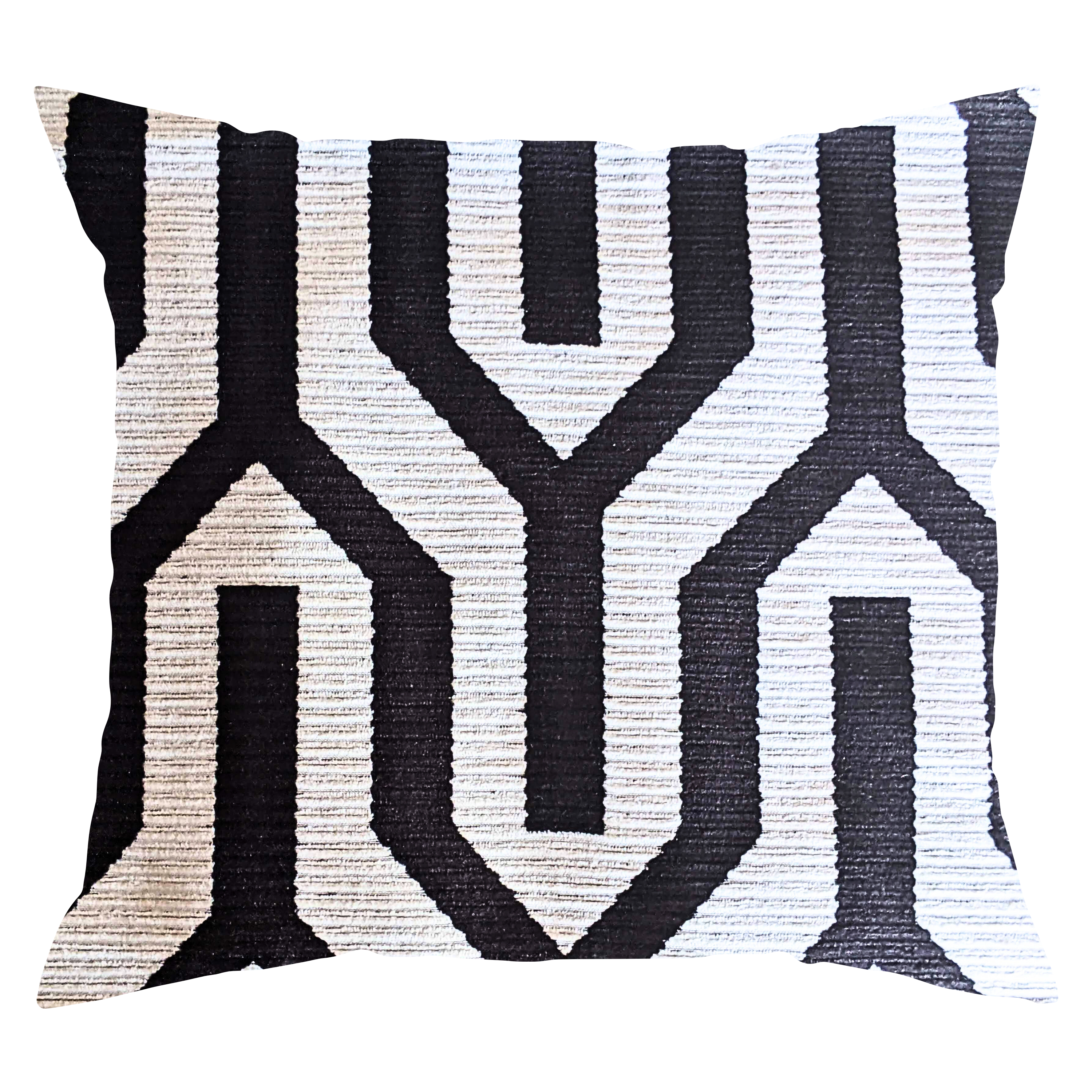 A black and white geometric patterned throw pillow.