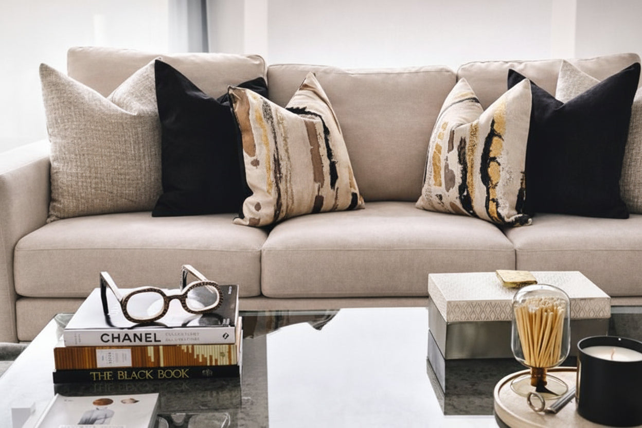 Beige sectional sofa with decorative pillows in a living room setting.