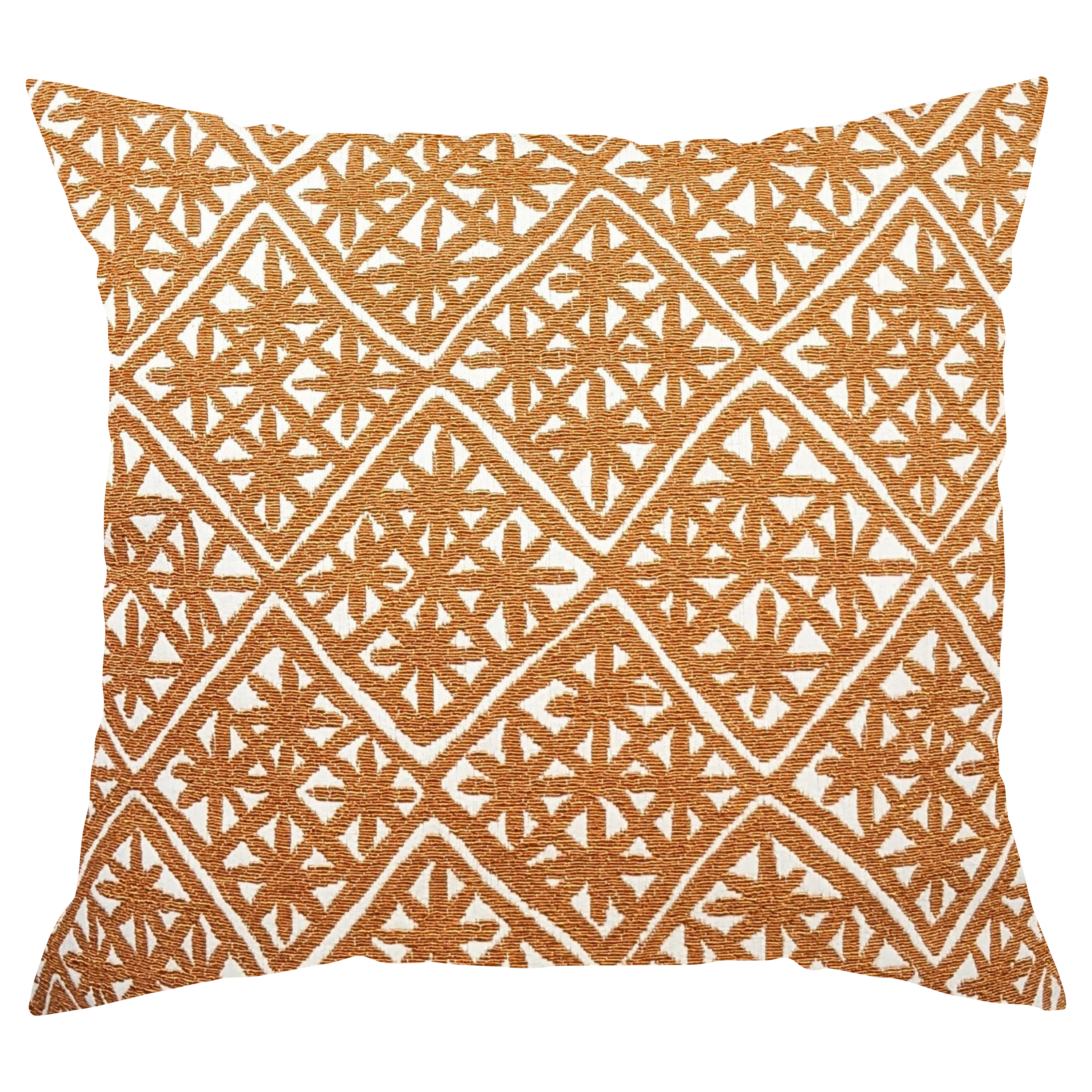 An orange and white throw pillow with a geometric pattern featuring orange diamond borders and white asterisk-shaped details.