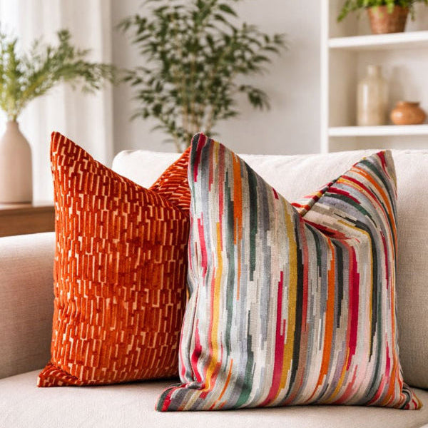Colorful pillows on a light-colored sofa with a neutral background