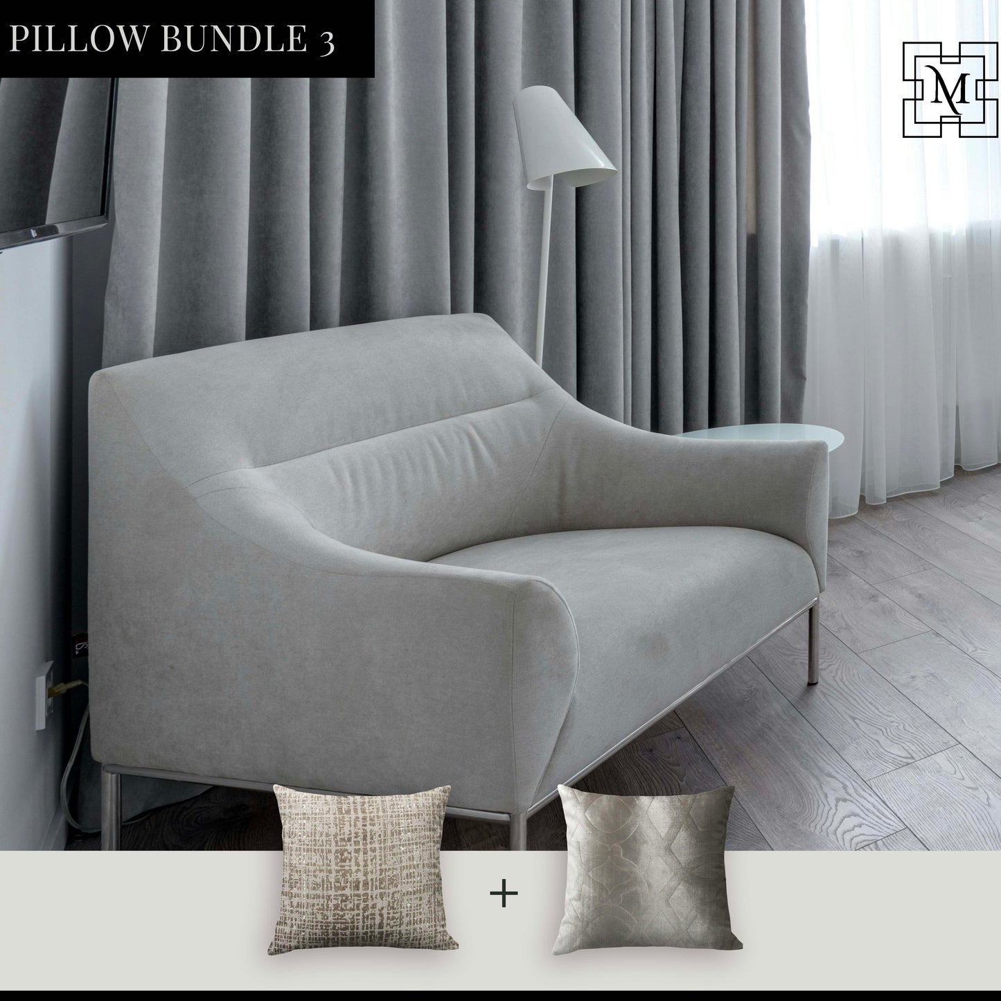 Gray sofa with decorative pillows in a room setting, featuring the brand 'Makena Decor'.