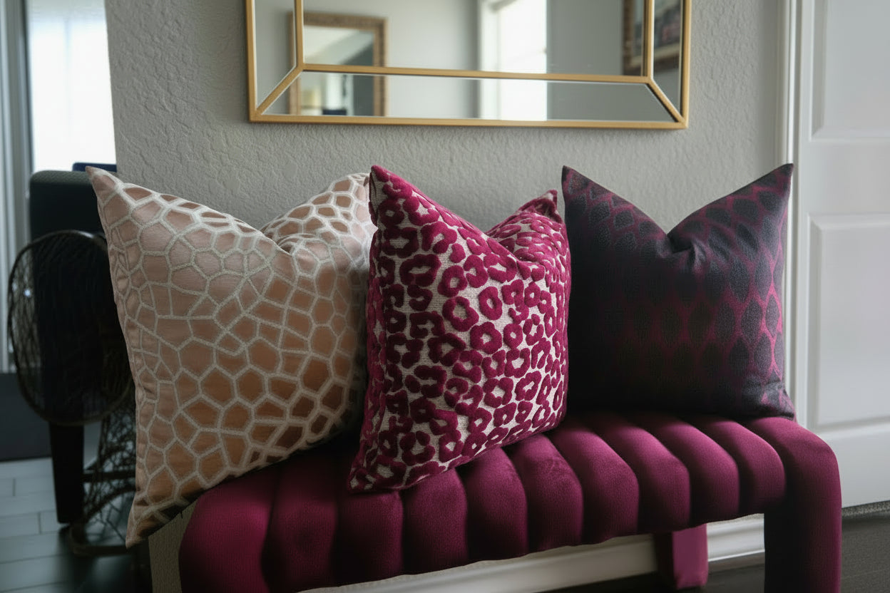 Decorative throw pillows on bench