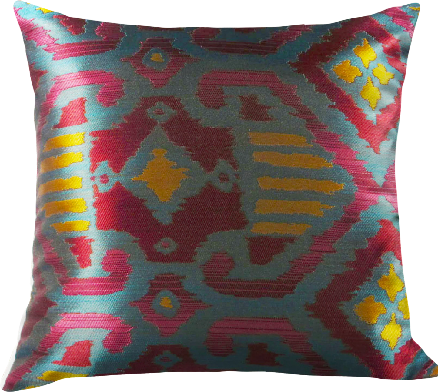 A square throw pillow with an abstract geometric pattern in shades of burgundy, gold, fuchsia, and dark teal blue.