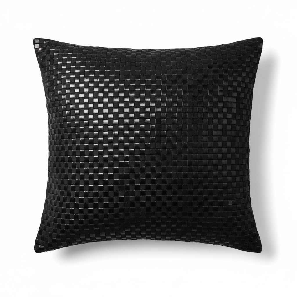 A black woven fabric throw pillow with a geometric pattern.