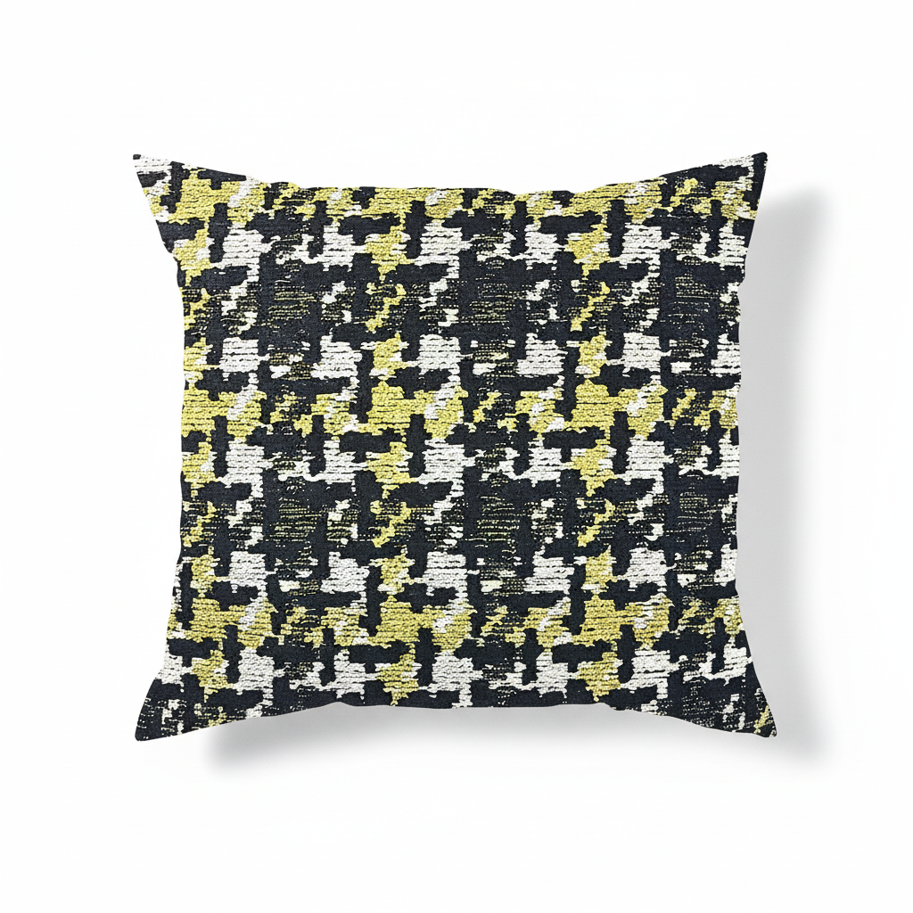 A square-shaped throw pillow with a black and white houndstooth pattern accented with lime green.