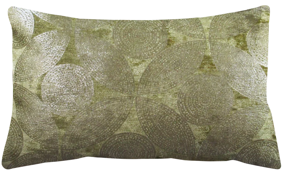 Close-up of olive green pillow cover with shimmery silver circle geometric pattern.