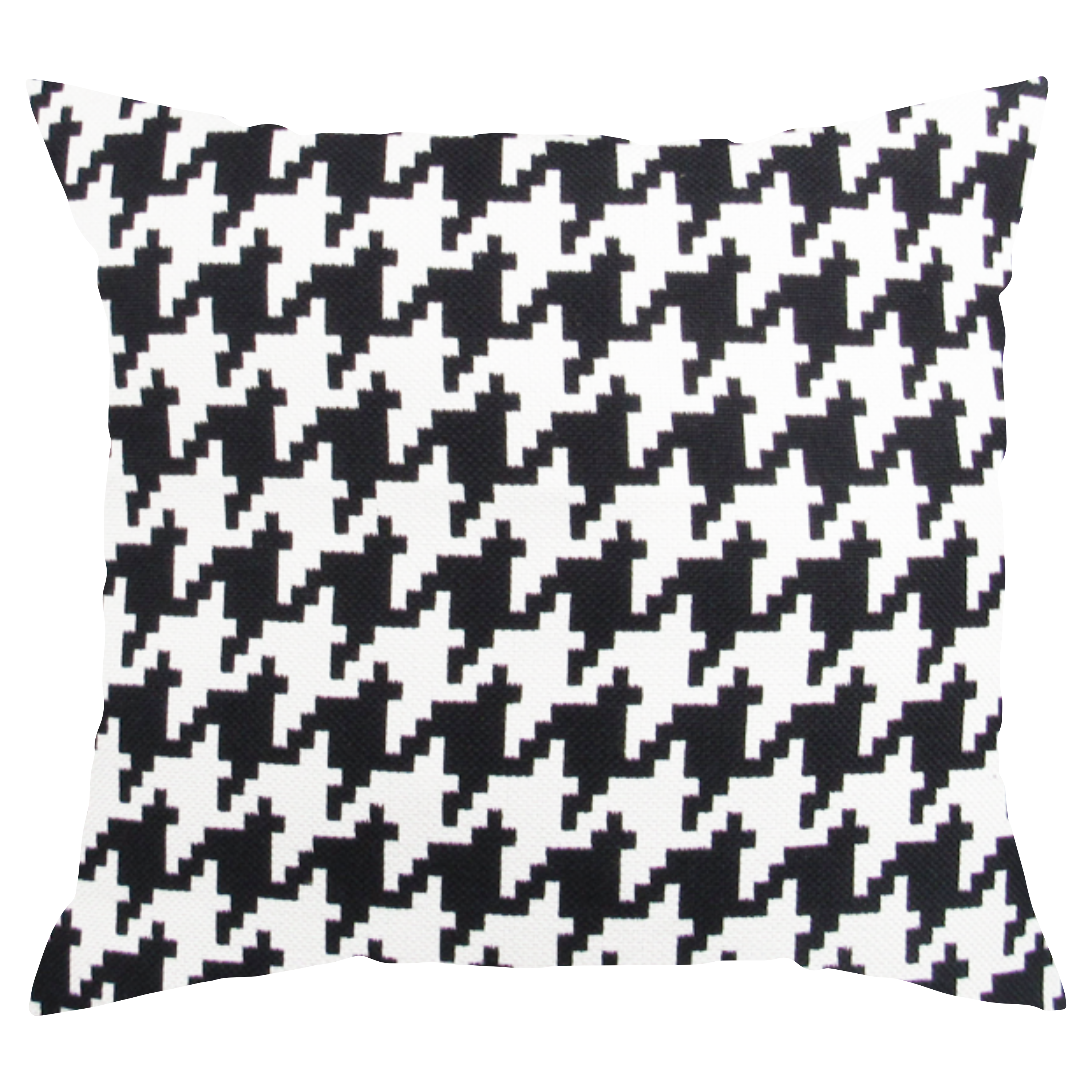 A square-shaped throw pillow with a black and white houndstooth pattern.