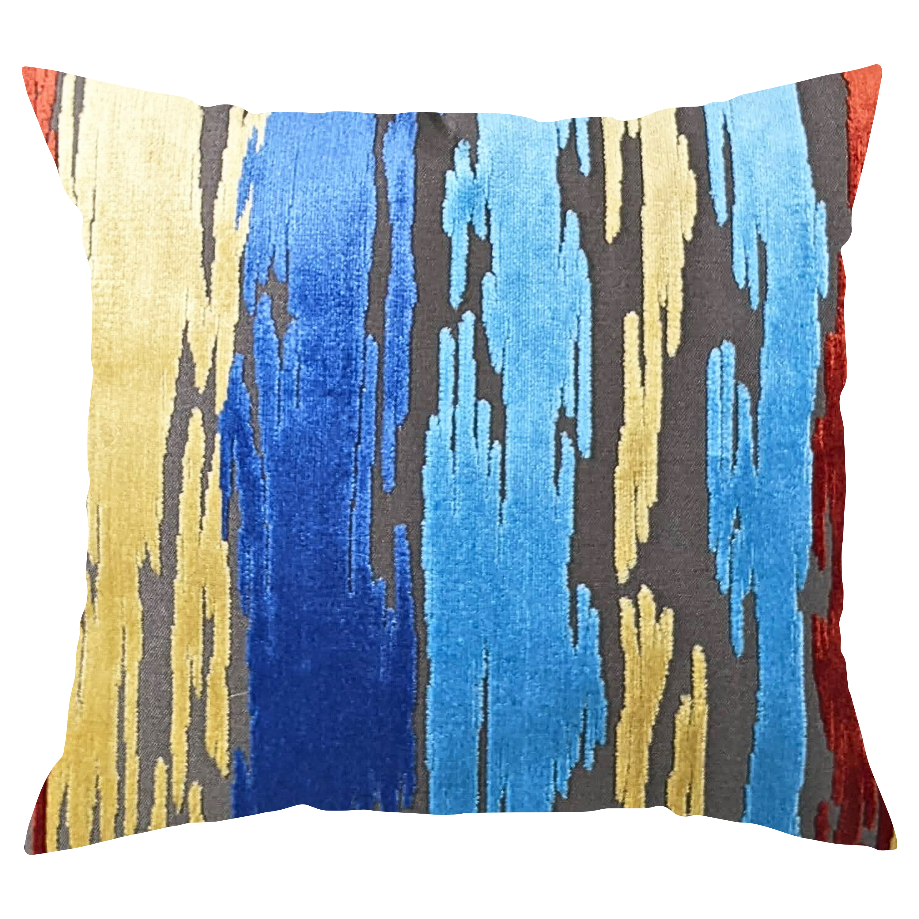 Colorful abstract patterned pillow on a white background