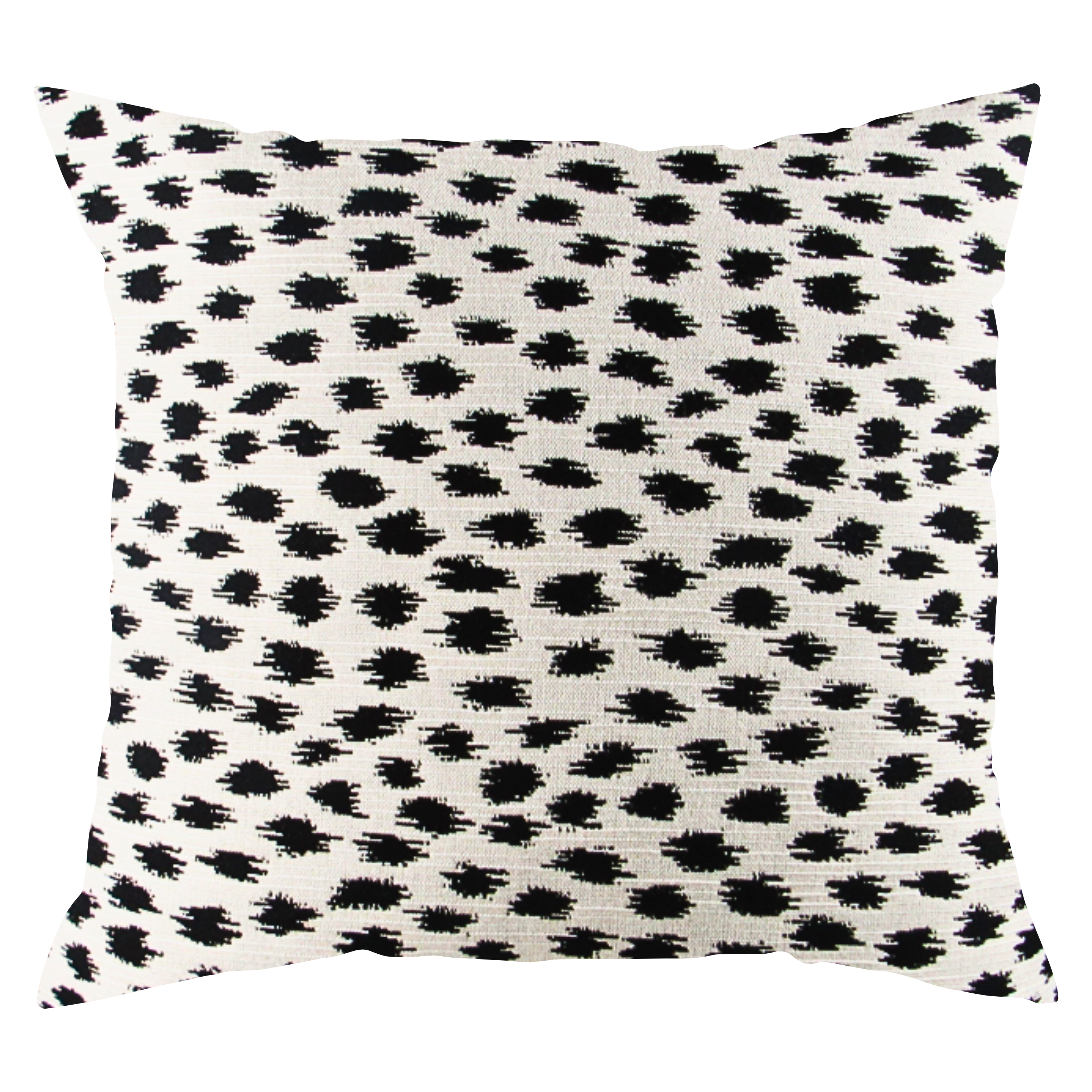 A square-shaped throw pillow with a black geometric pattern on a white background.