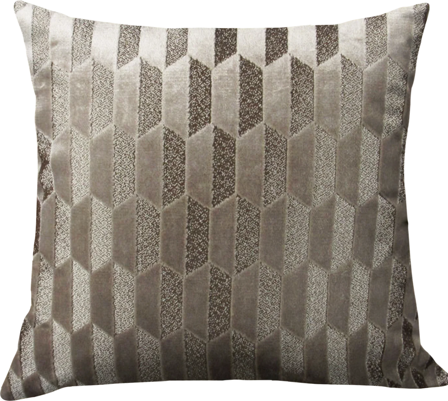 A square-shaped taupe throw pillow with a geometric hexagonal pattern.