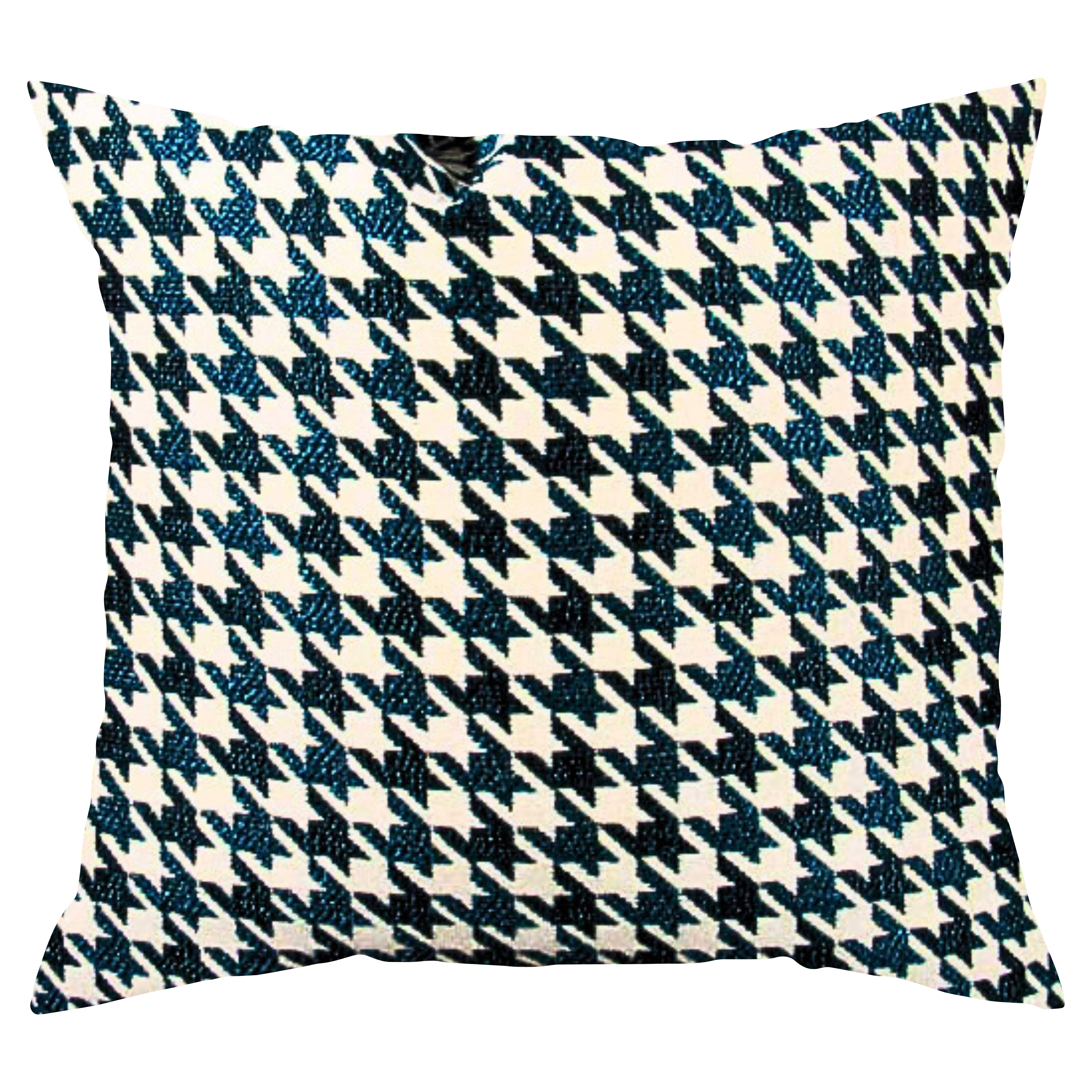 A square-shaped throw pillow with a teal and cream houndstooth pattern.