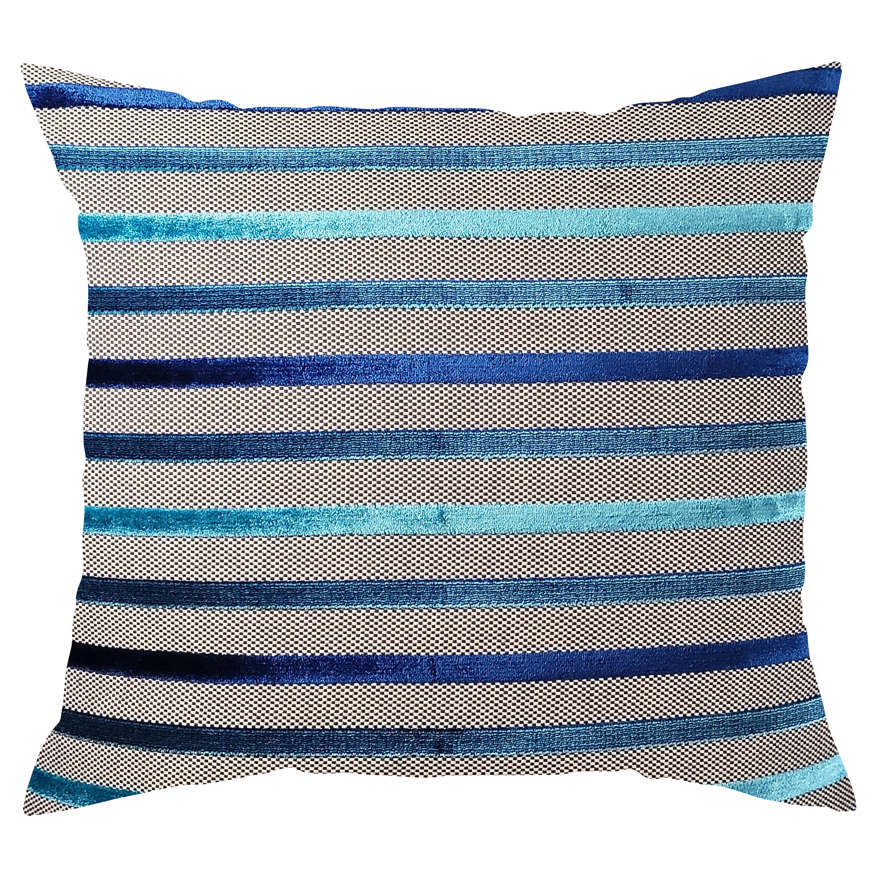 Striped pillow with various blue lined pattern on a white background