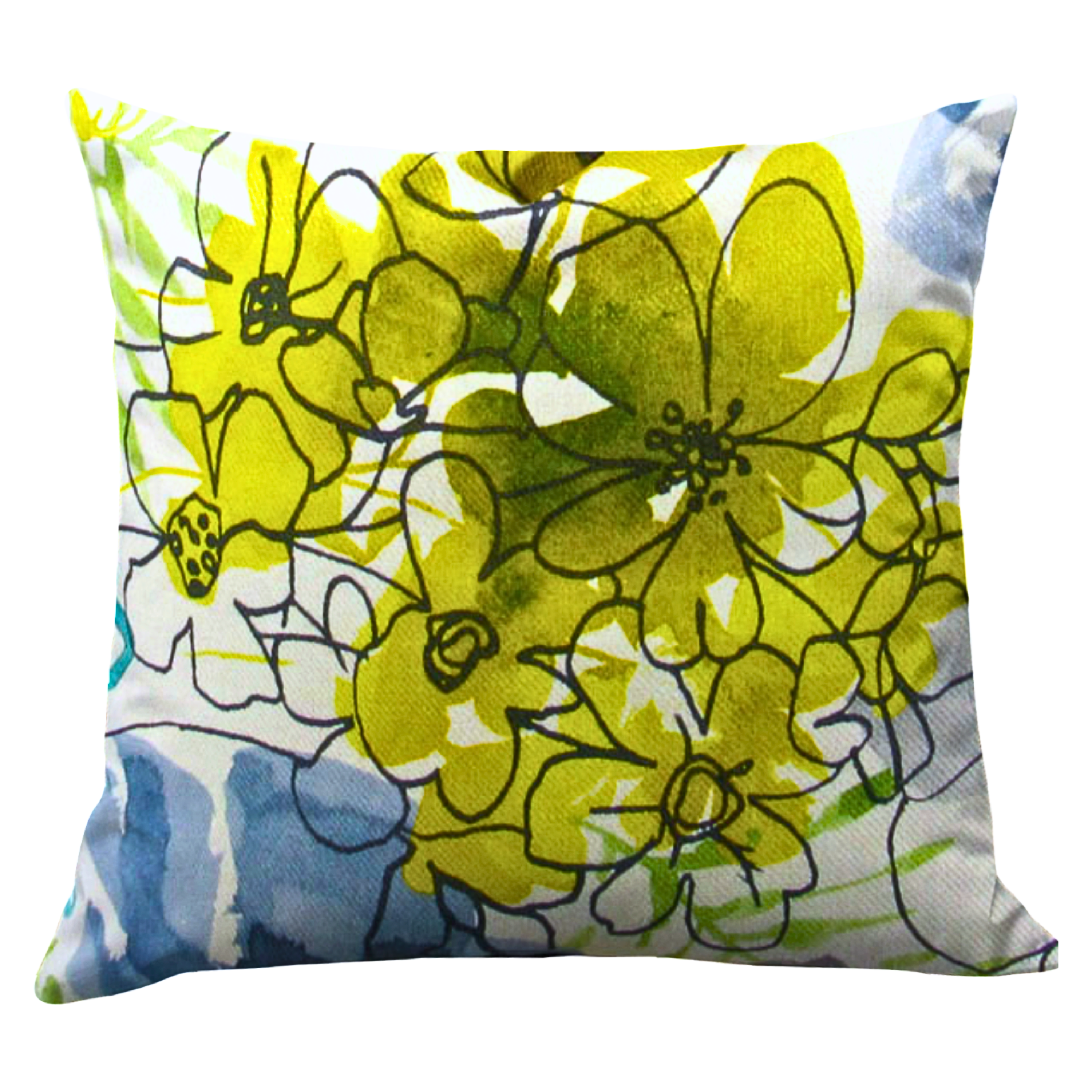 A decorative pillow with a vibrant floral design featuring large blue and yellow blooms with gold-toned accents and green leaves on a white background.
