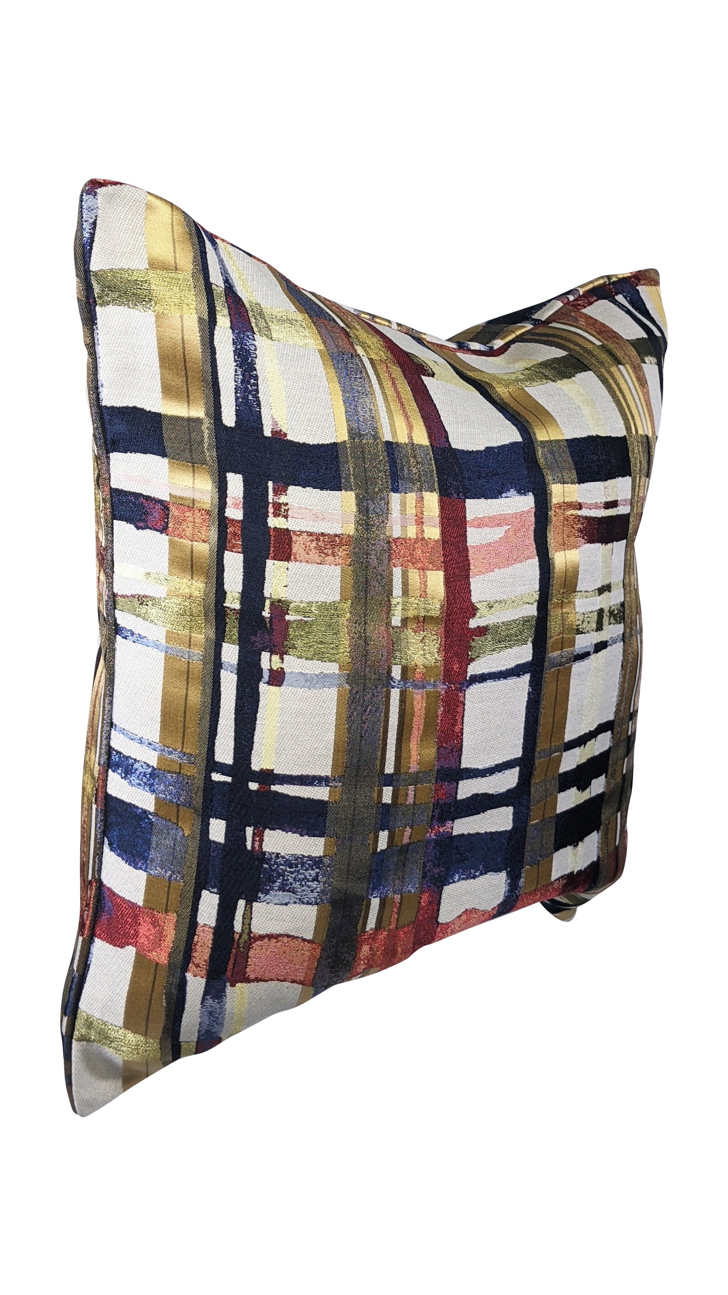Multicolored throw pillow with checkered lines on a cream background.
