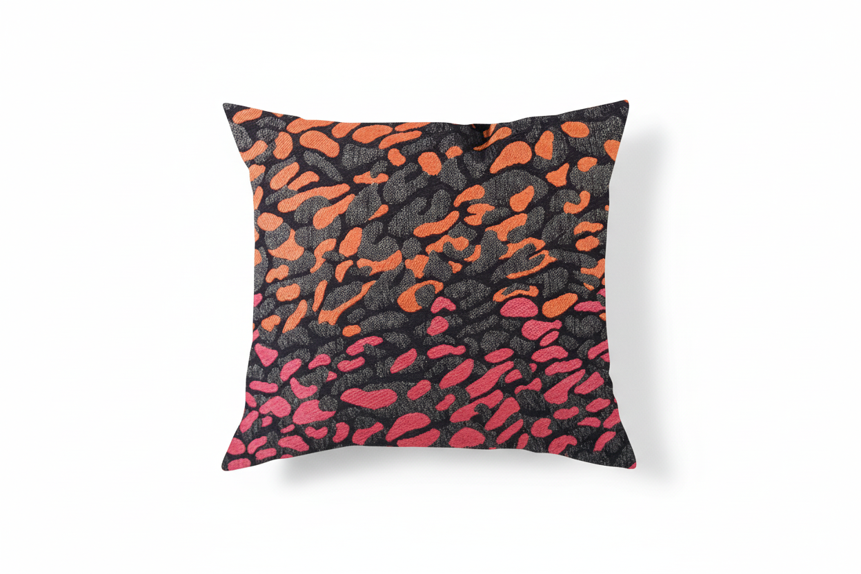 A square-shaped throw pillow with an abstract pattern of fuchsia and orange amoeba-like shapes on a dark background.