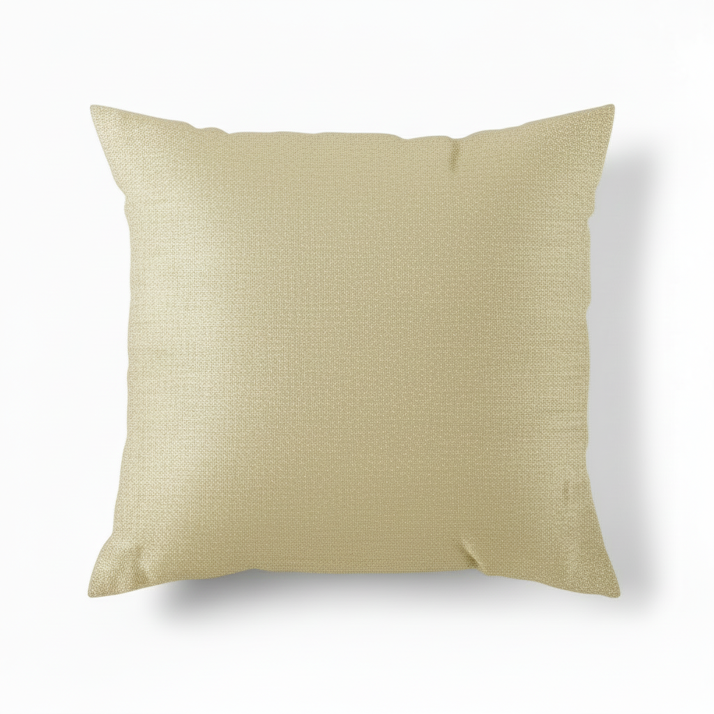 A square-shaped throw pillow with a shiny, shimmering gold and champagne color.