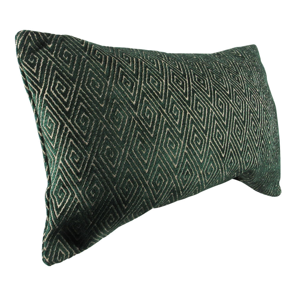 side-view of a forest green and cream 13x21 rectangle throw pillow with geometric shaped design throughout.