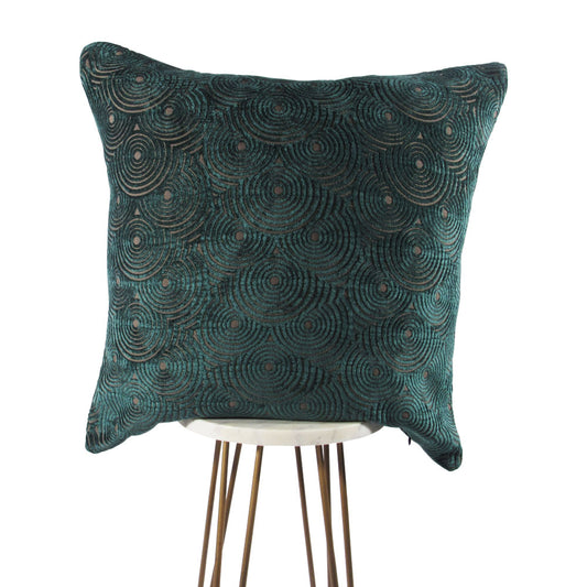 velvet forest green 20x20 square throw pillow with circle designs throughout, displayed on small white table.