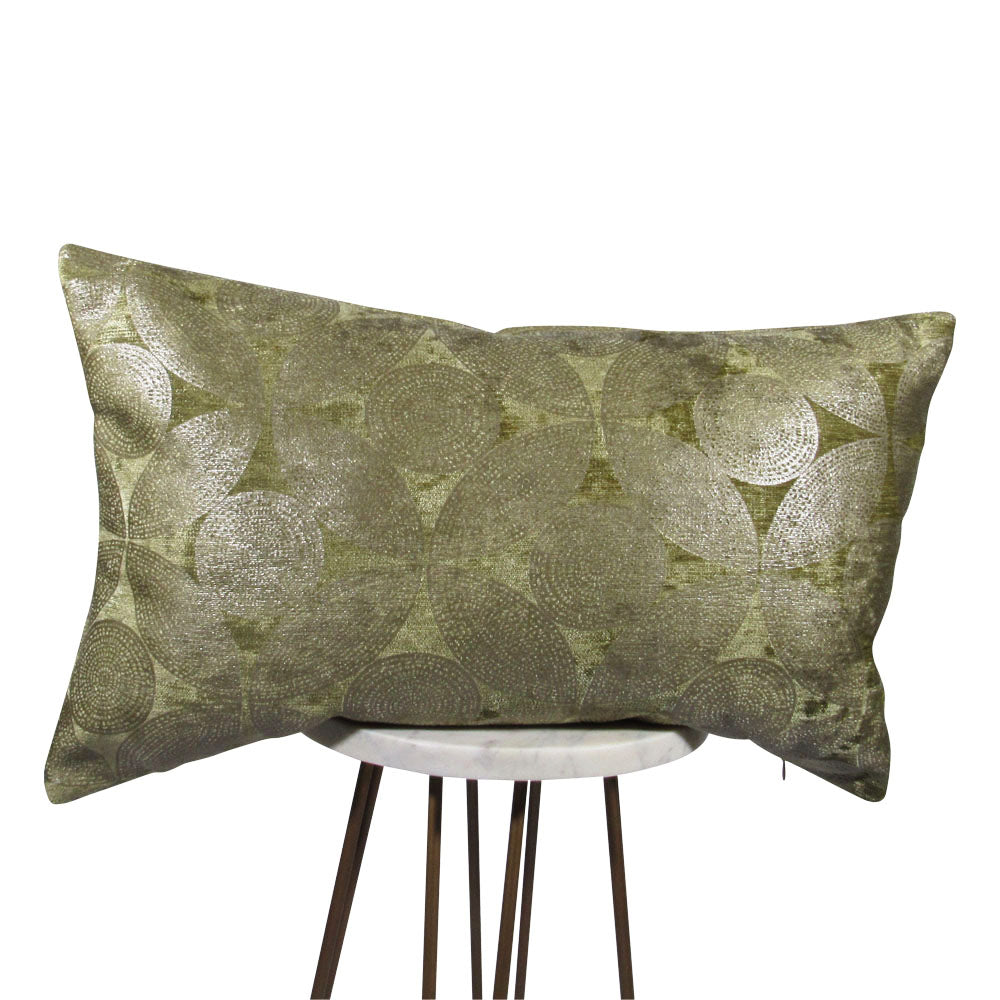 13x21 lumbar olive circles pillow styled on a neutral table