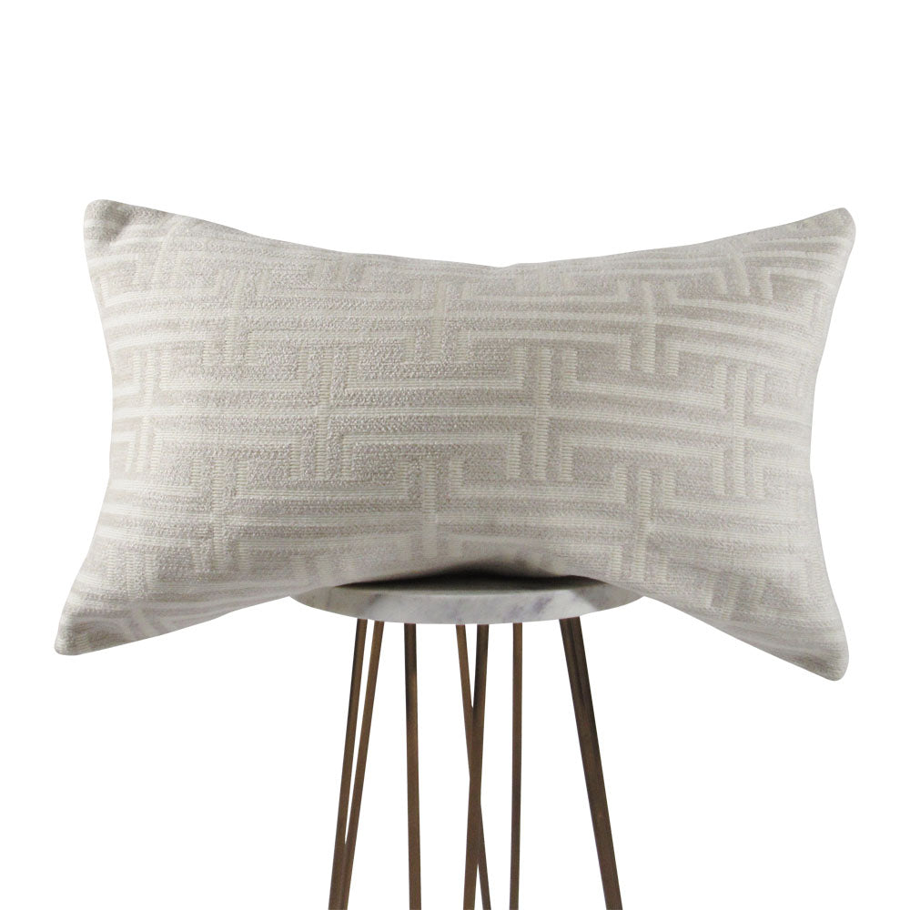 Pearl white Greek key lumbar throw pillow styled on display | Makena Decor