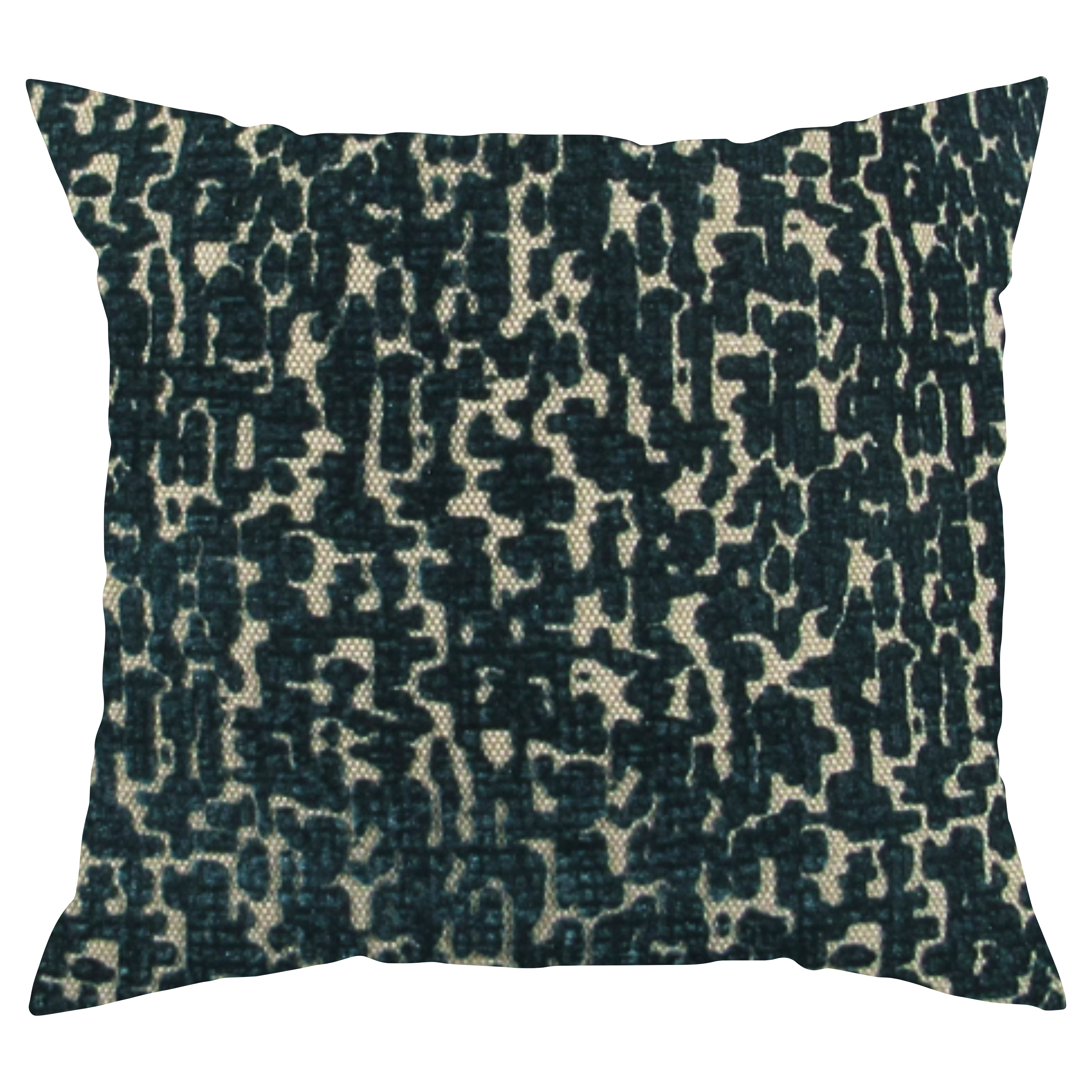 A square throw pillow with an abstract blue design on a tan background, featuring a texture that appears soft to the touch.