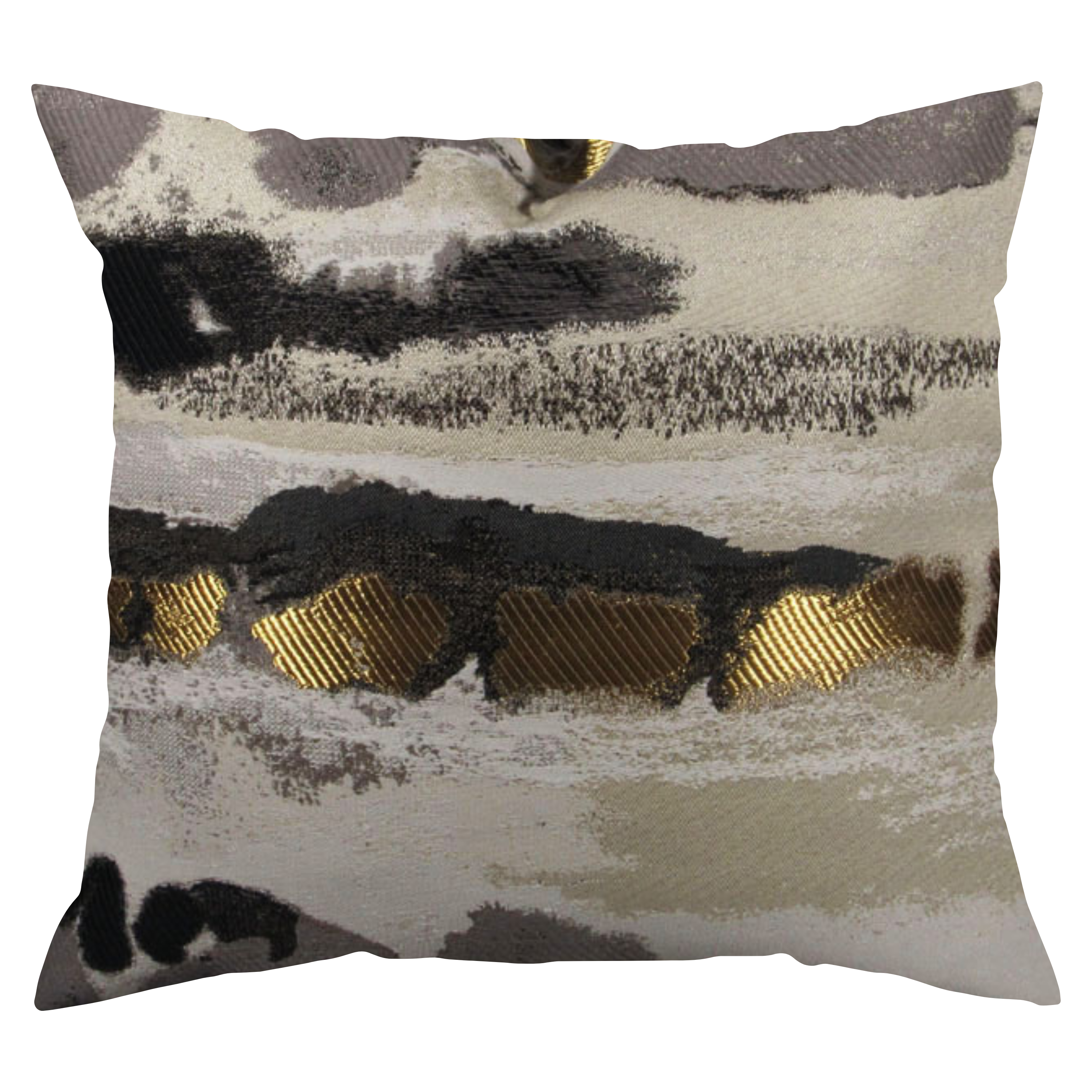 A square-shaped accent pillow with an abstract pattern in cream, black, gray, and gold colors.