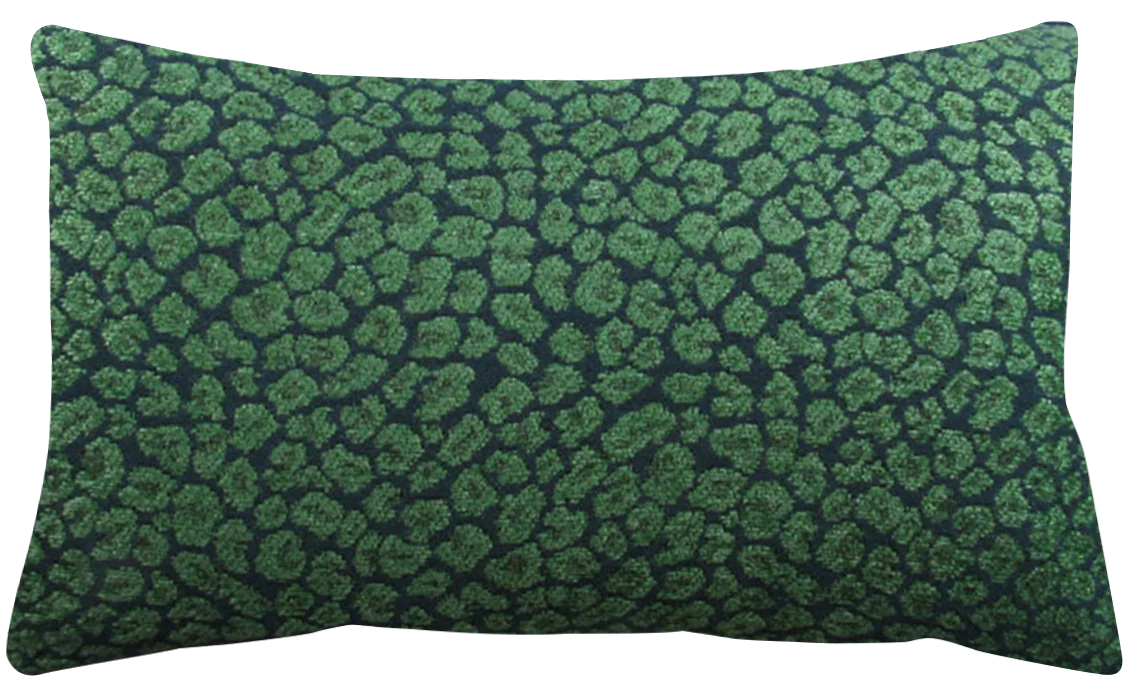 A rectangular throw pillow with a green animal print on a dark background, featuring a hidden zipper closure.