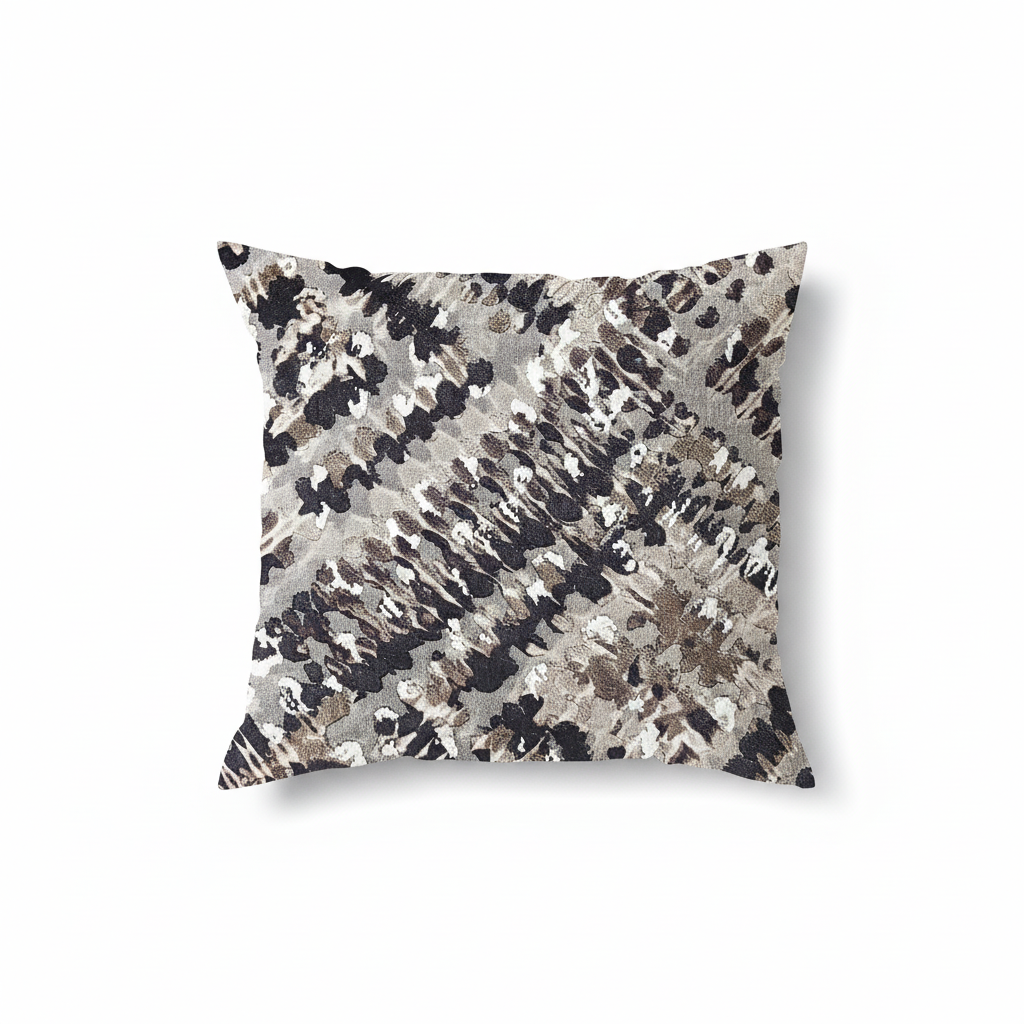 A square-shaped throw pillow with a cut velvet fabric featuring a black, silver, and cream animal print.