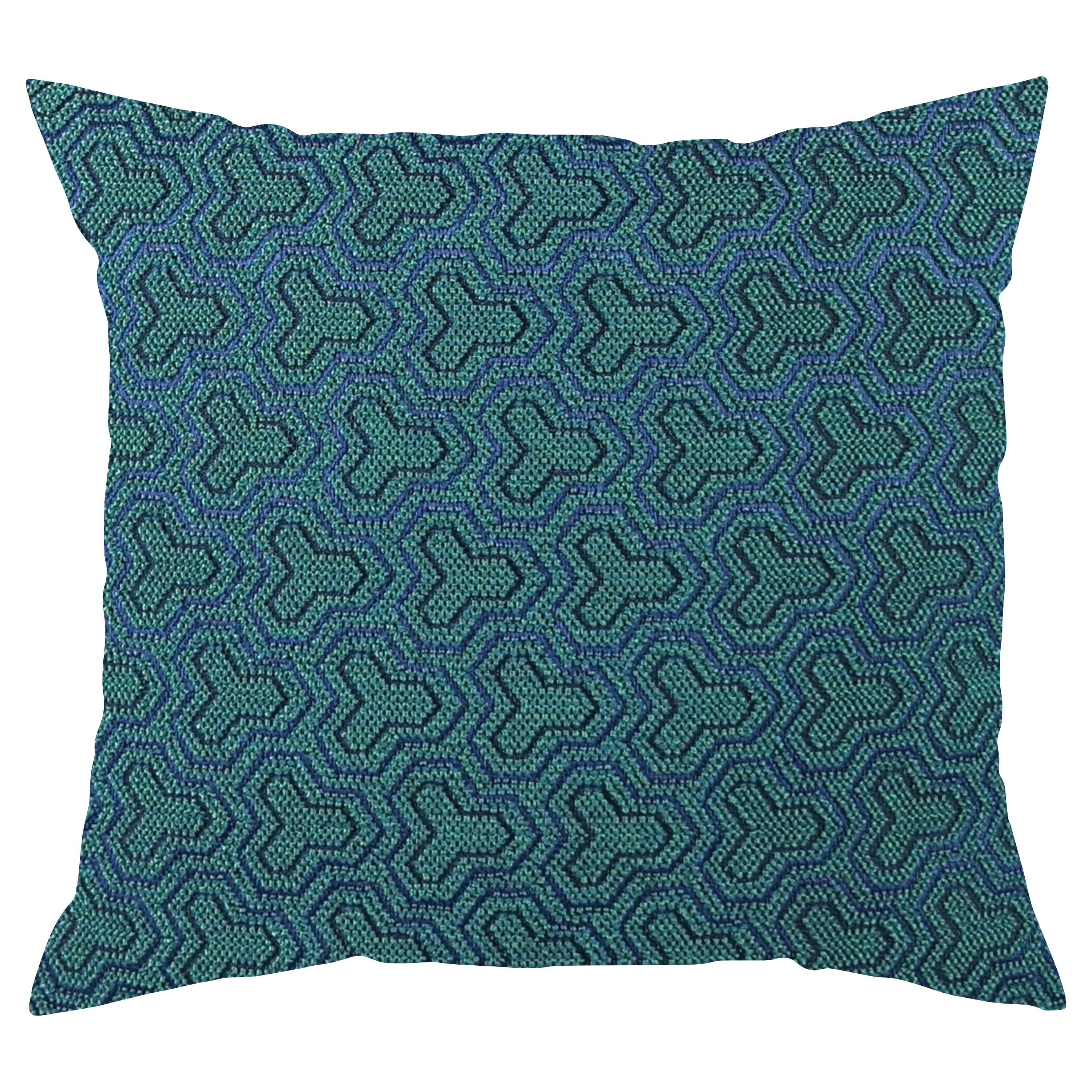 A square-shaped throw pillow with a green geometric pattern.
