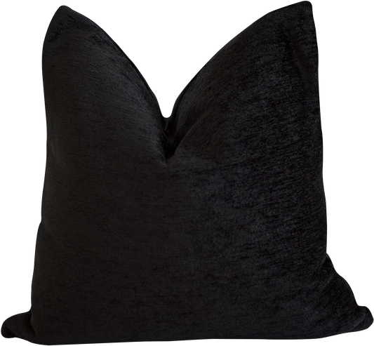 Black chenille throw pillow with a soft, textured finish