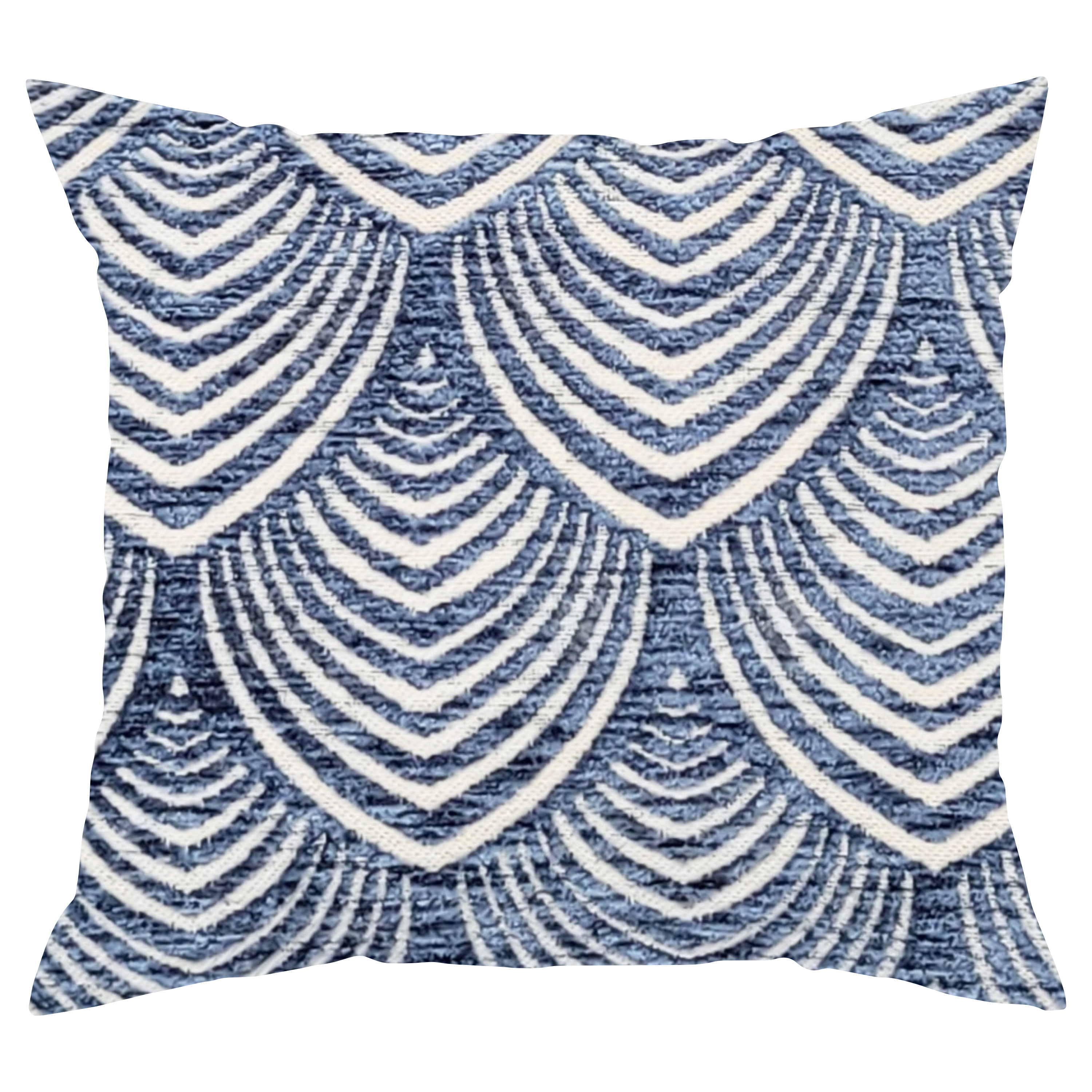 A rectangular throw pillow with a scallop pattern in light blue and cream colors, featuring a crushed velvet texture.