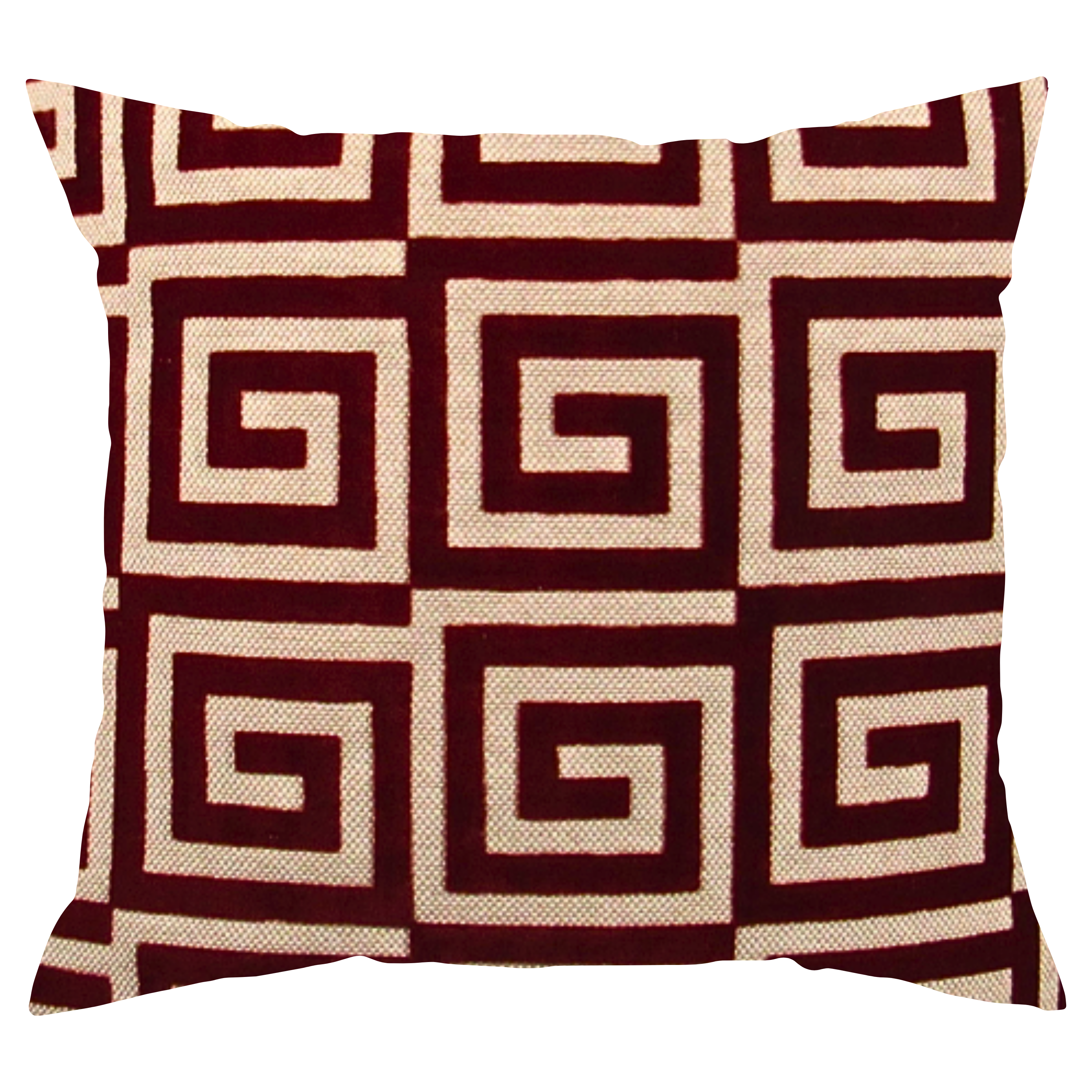 A square-shaped throw pillow with a tribal-inspired geometric pattern in burnt orange and white colors.