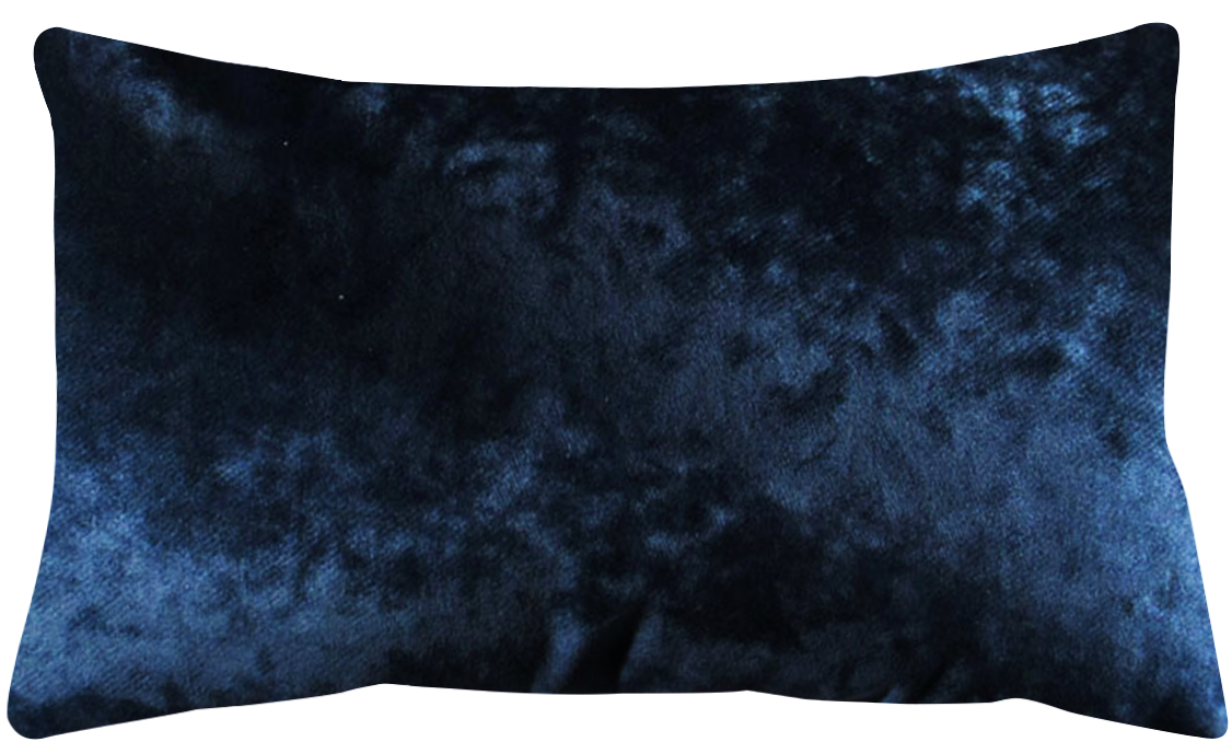 A dark cobalt blue velvet throw pillow with a subtle shine, featuring a hidden zipper closure.
